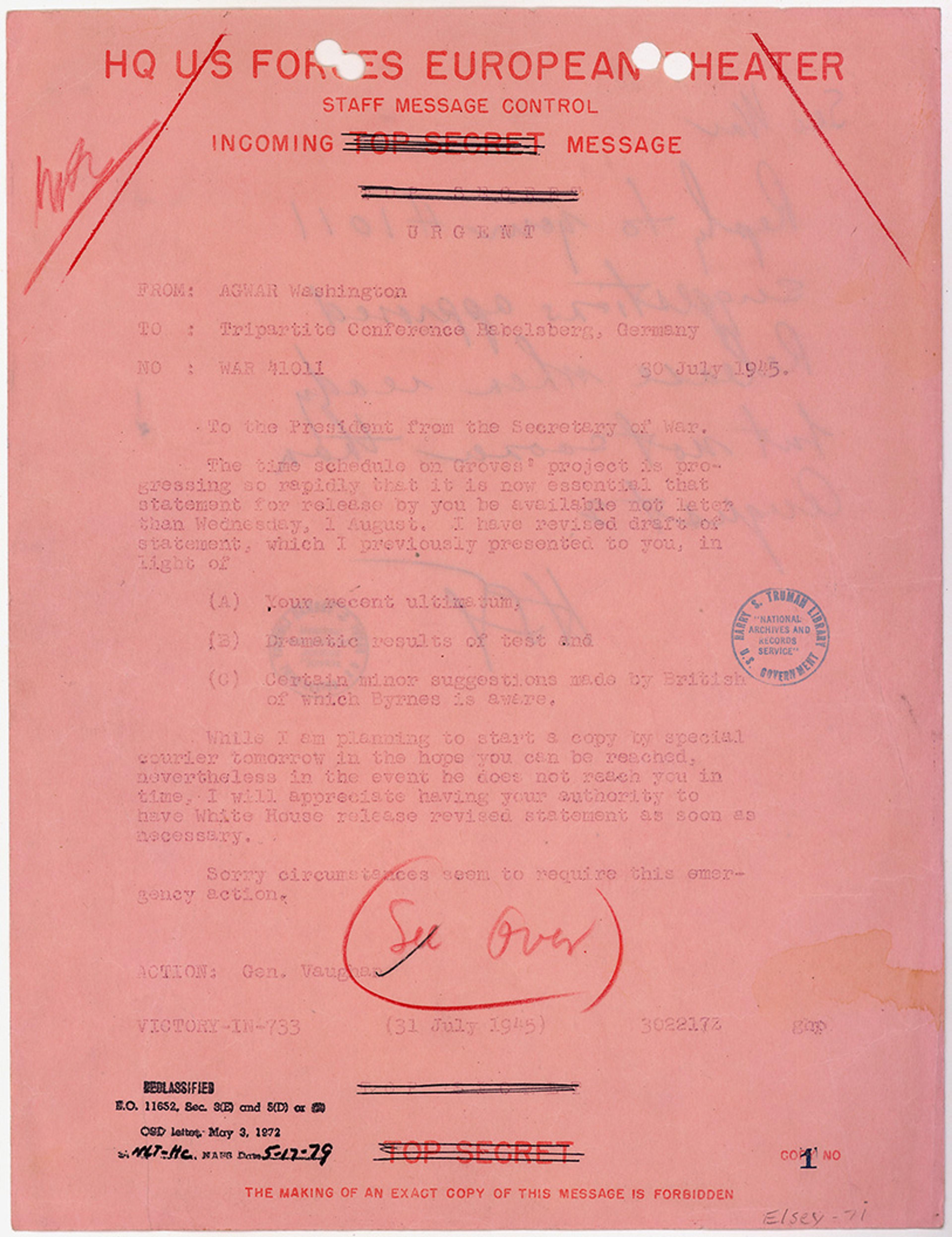 A declassified top secret message on pink paper with red and black text, stamps and annotations, dated 30 July 1945.
