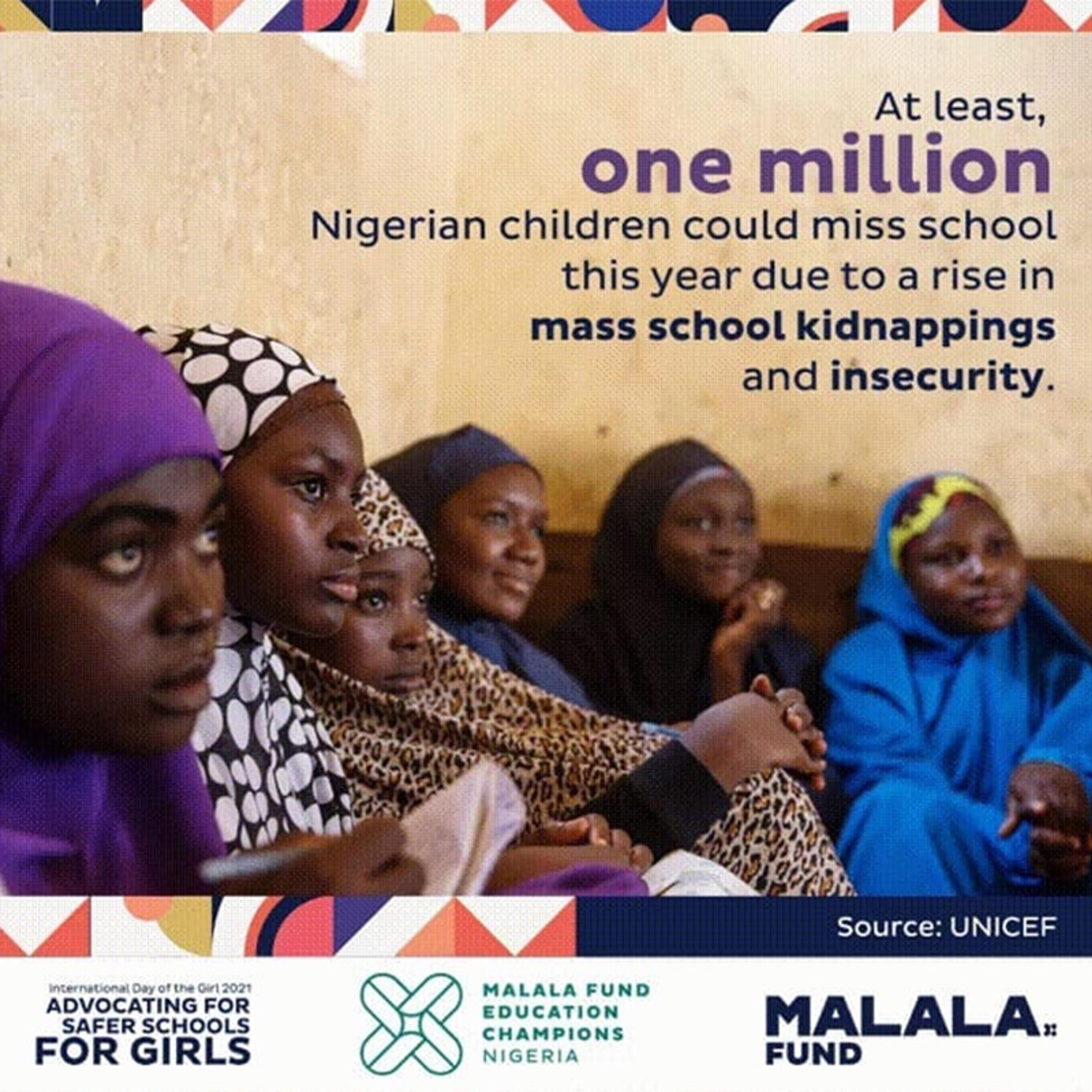 Photo of Nigerian children in class with a message about school kidnappings and insecurity from UNICEF and Malala Fund.