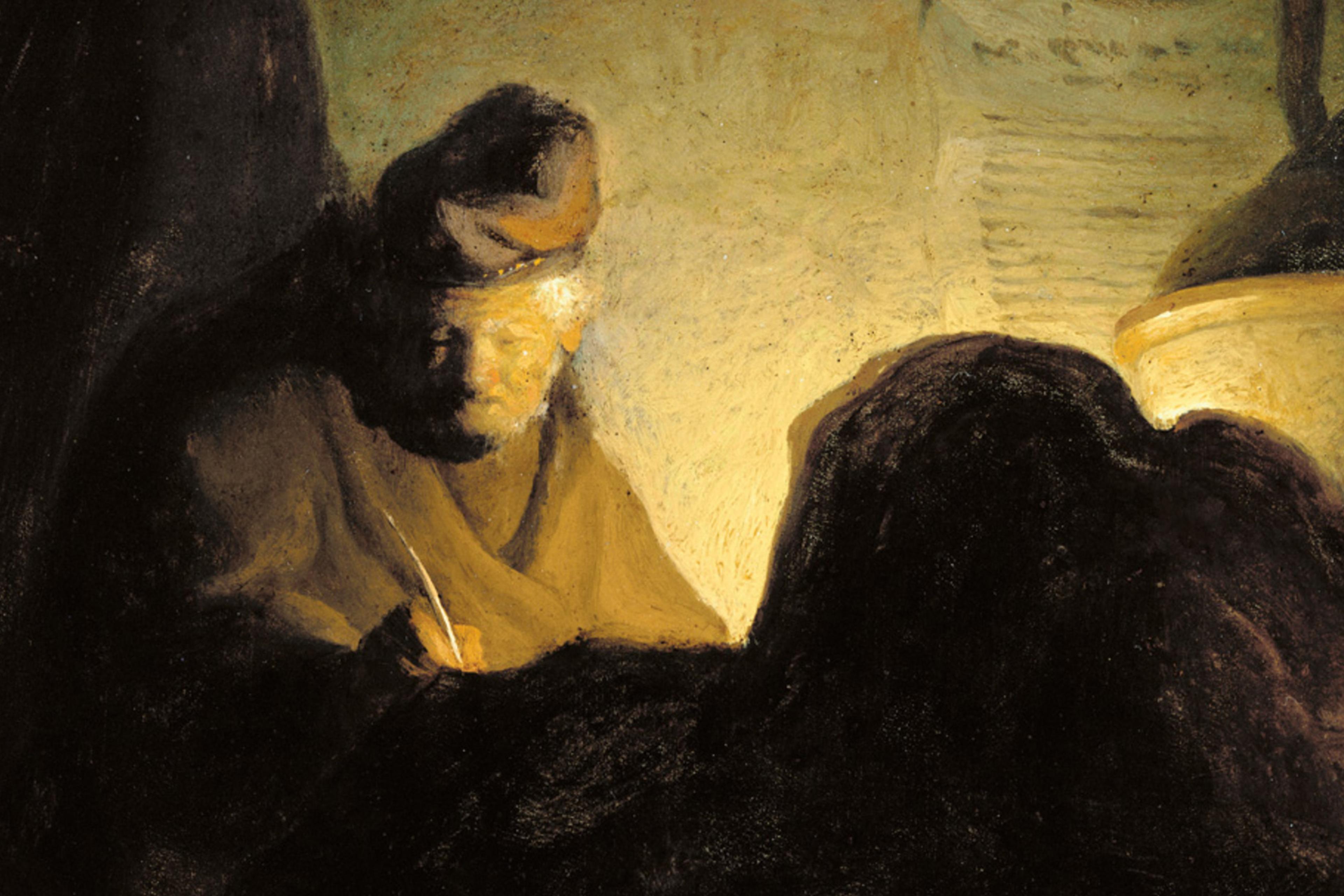 A painting of an elderly man writing by candlelight, wearing a hat and robes. The scene is dimly lit with a warm, yellowish glow.