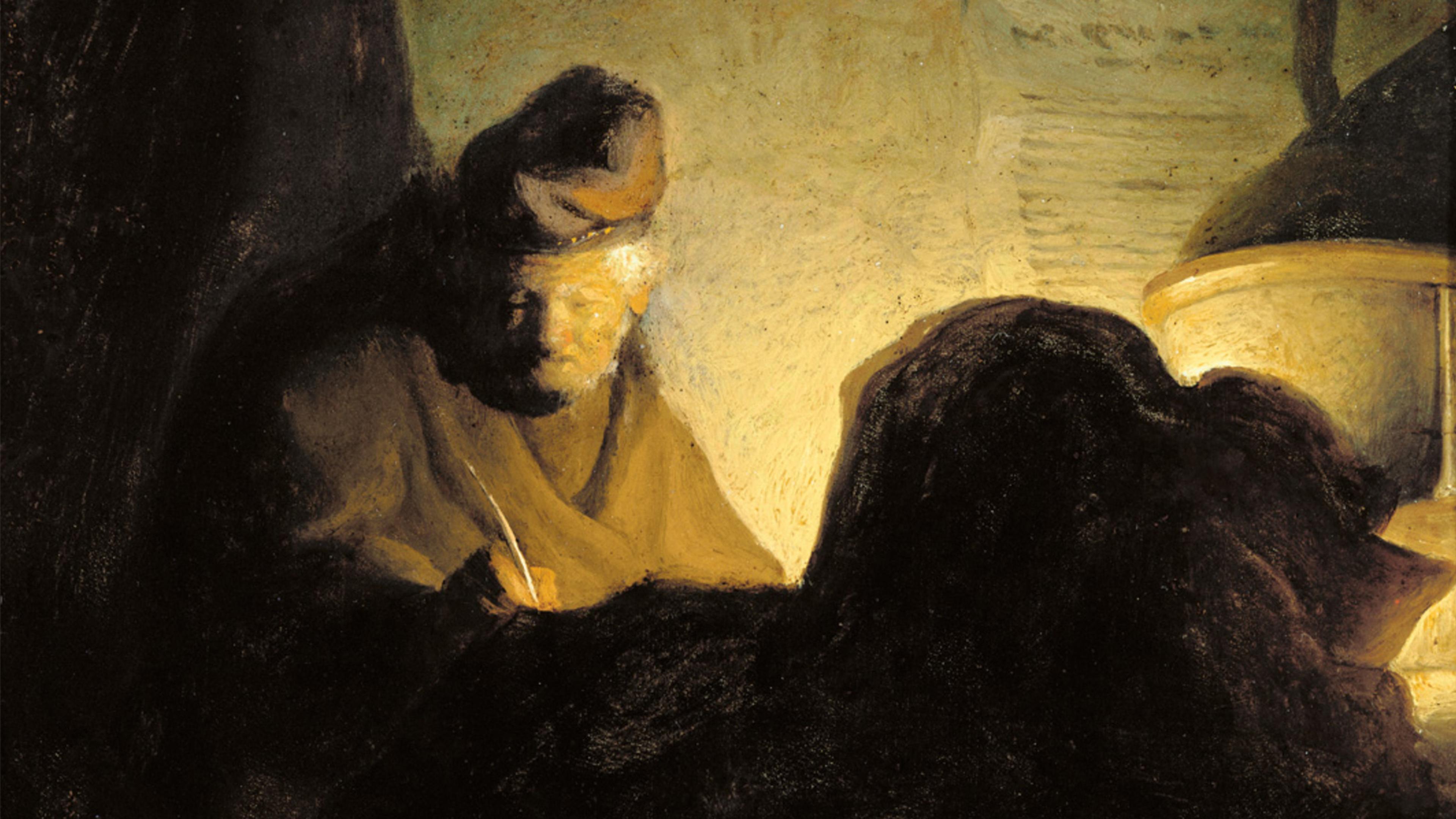 A painting of an elderly man writing by candlelight, wearing a hat and robes. The scene is dimly lit with a warm, yellowish glow.