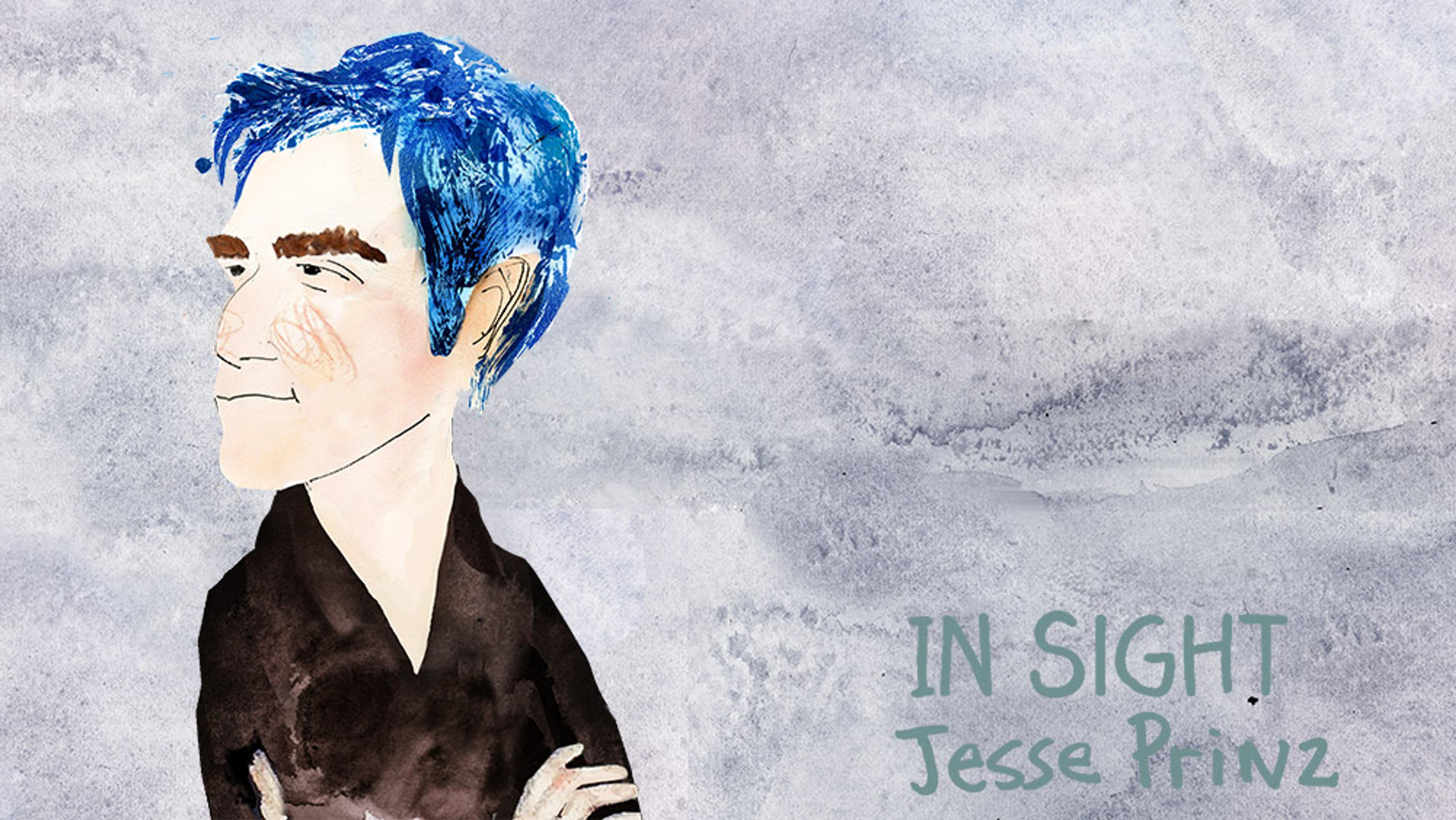 Watercolour illustration of a man with blue hair and dark clothing against a muted background, with text “IN SIGHT Jesse Prinz” in green.