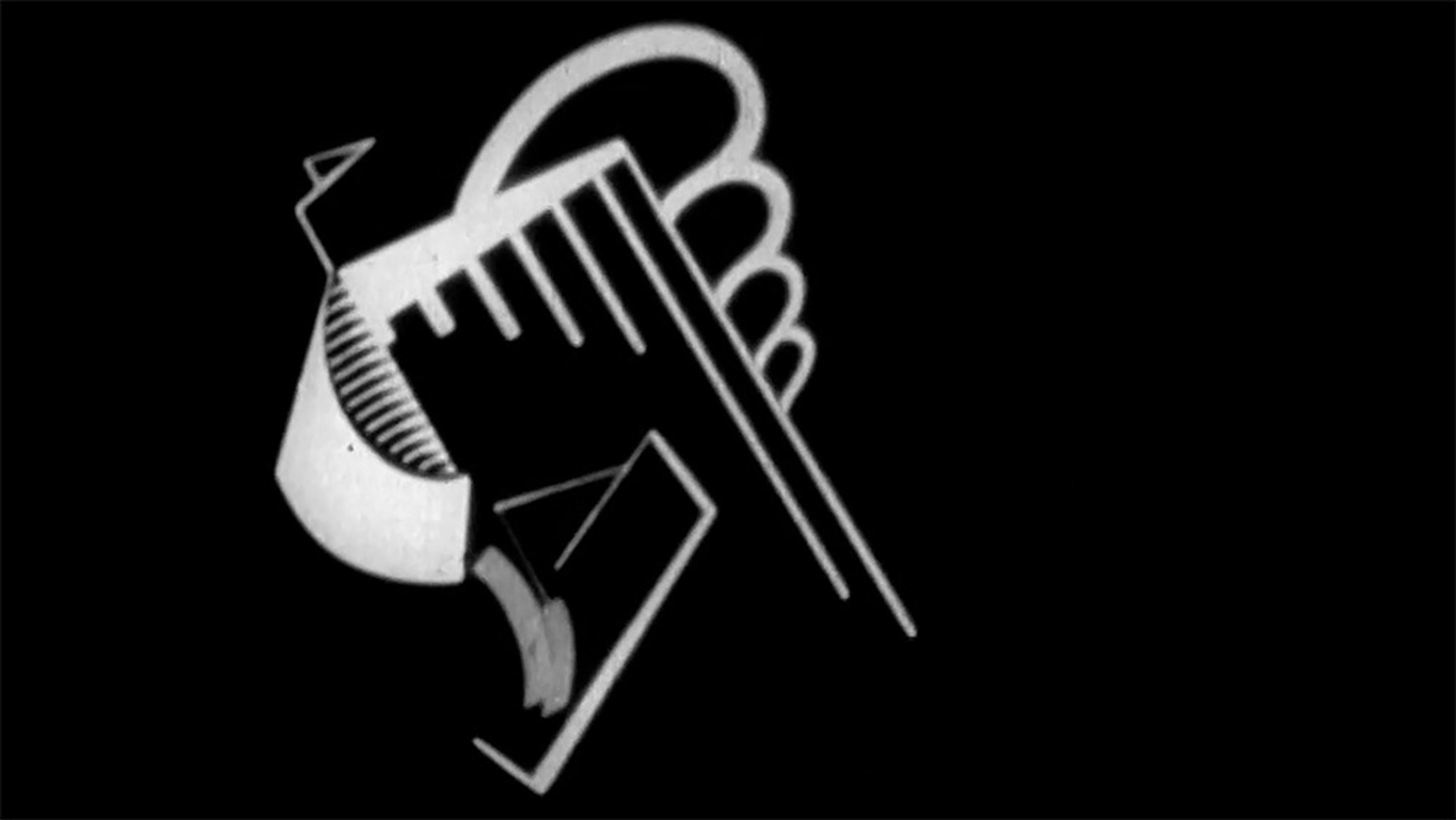 Animated abstract black-and-white graphic design featuring geometric shapes and lines against a black background.