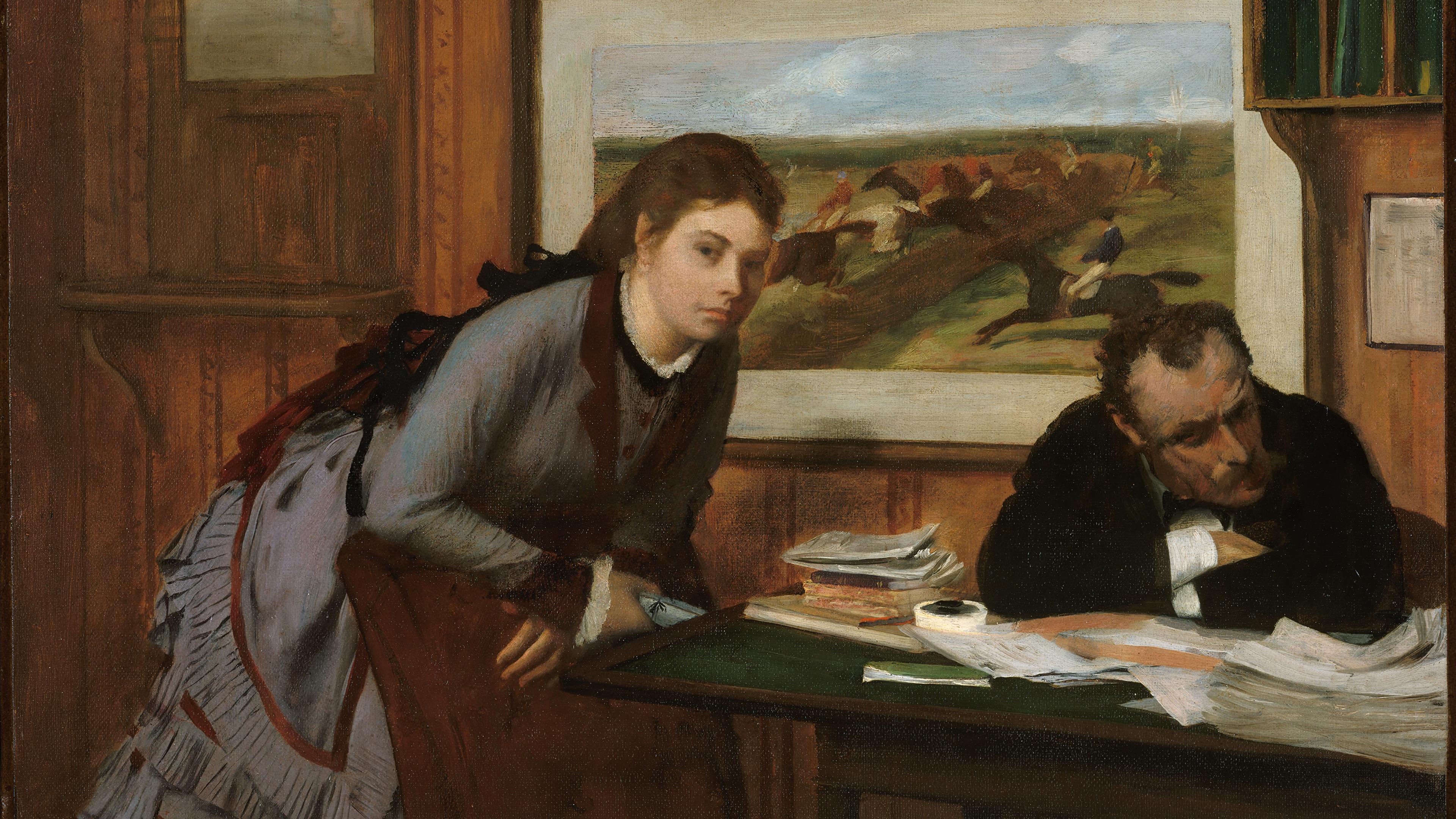 Painting of a woman leaning over a seated man at a desk with papers, a horse race painting in the background.