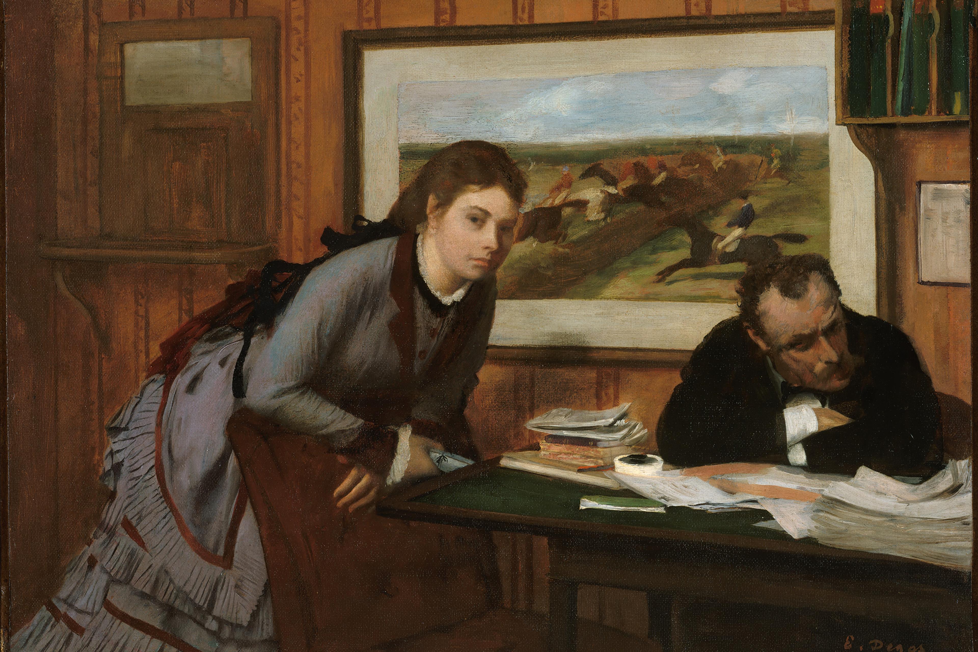 Painting of a woman leaning over a seated man at a desk with papers, a horse race painting in the background.