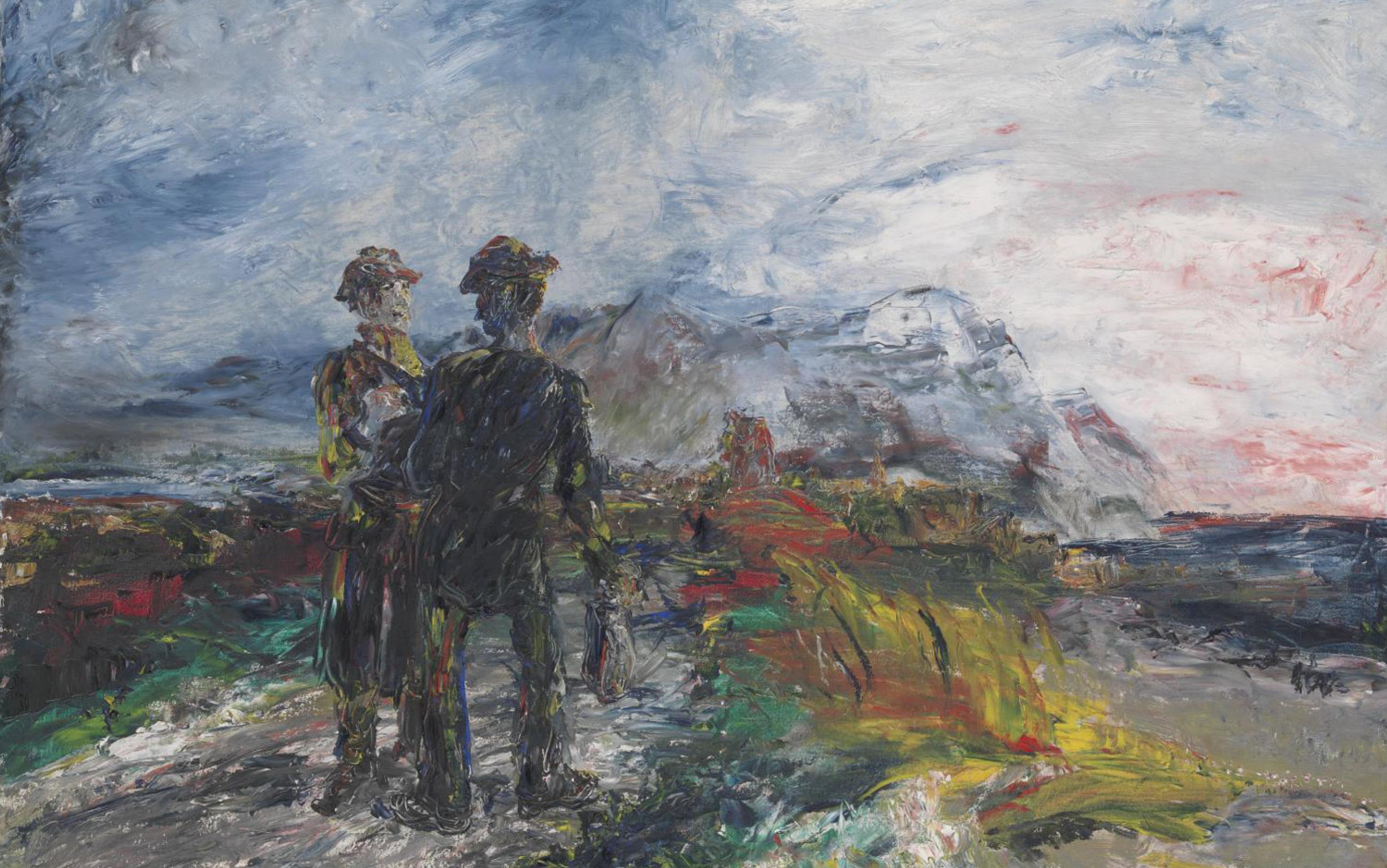 Painting of two figures in a landscape, looking at mountains under a cloudy sky with colourful terrain in the foreground.