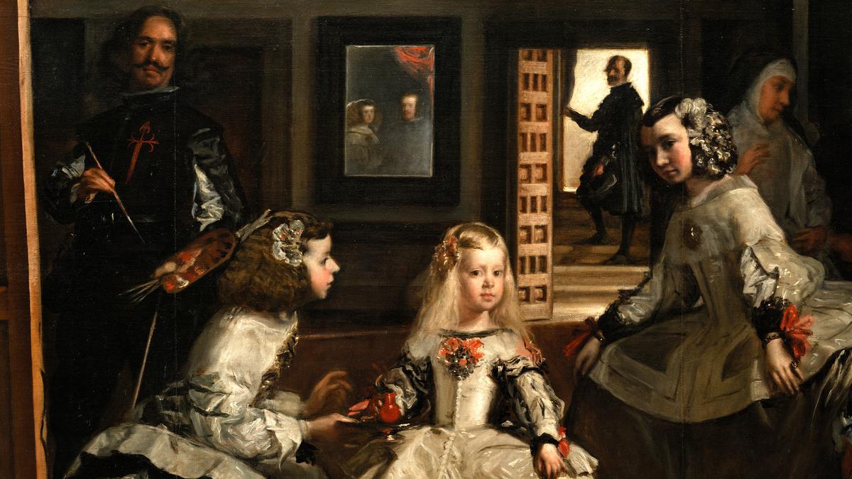 A painting depicting a group of people in a room, with a man painting and a young girl in the centre, dressed in ornate clothes.