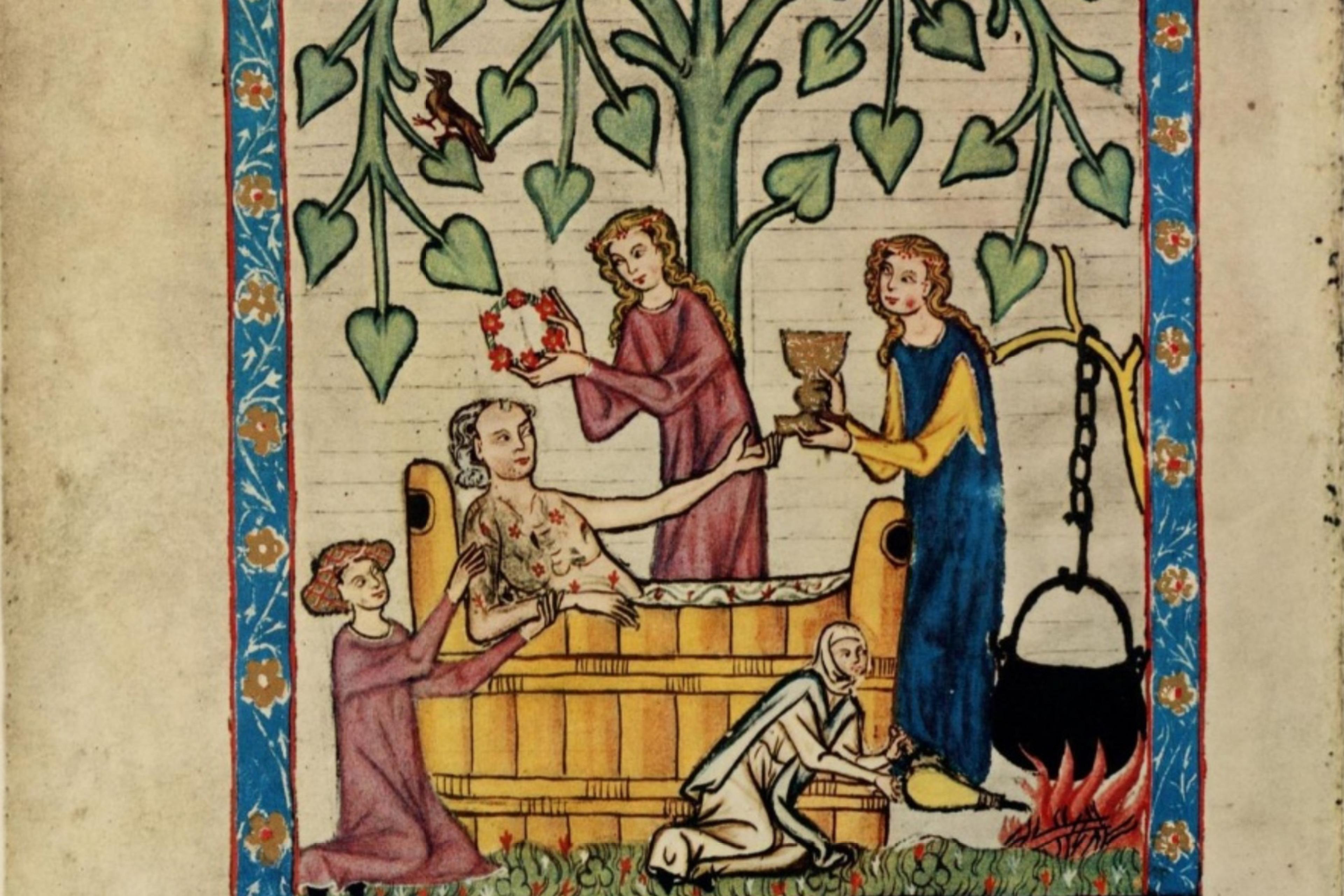 Medieval painting of a man in a bath, attended by various people under a tree with heart-shaped leaves.