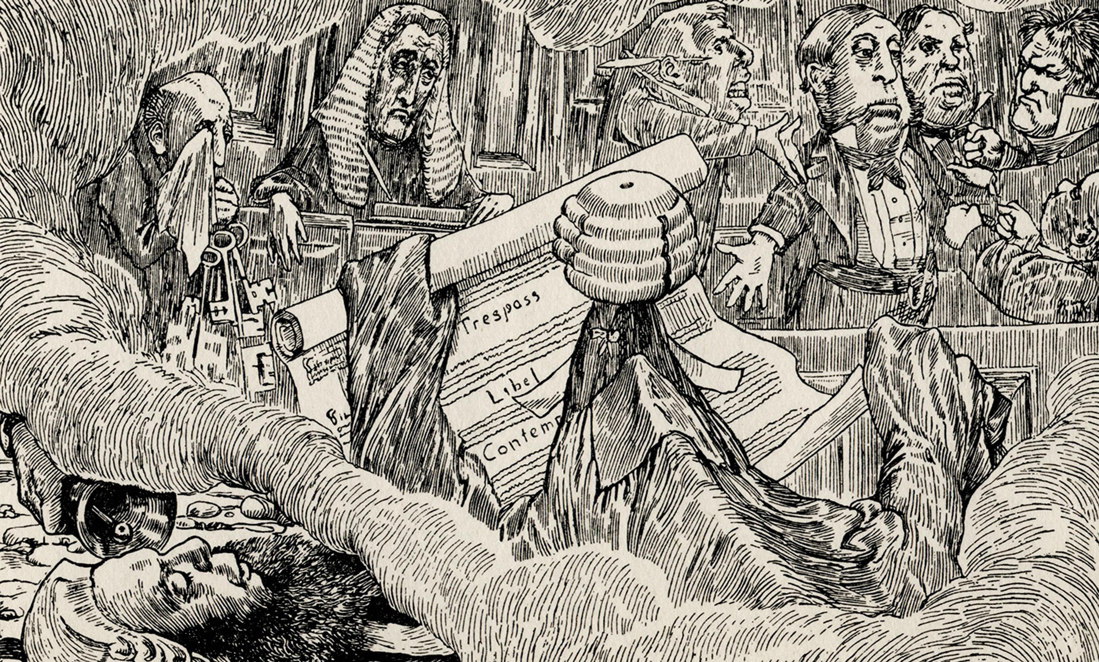 <p>One of Henry Holiday’s original illustrations to <em>The Hunting of the Snark </em>(1876) by Lewis Carroll. The Snark is the foreground in barrister’s robes. <em>Image courtesy Wikimedia</em></p>