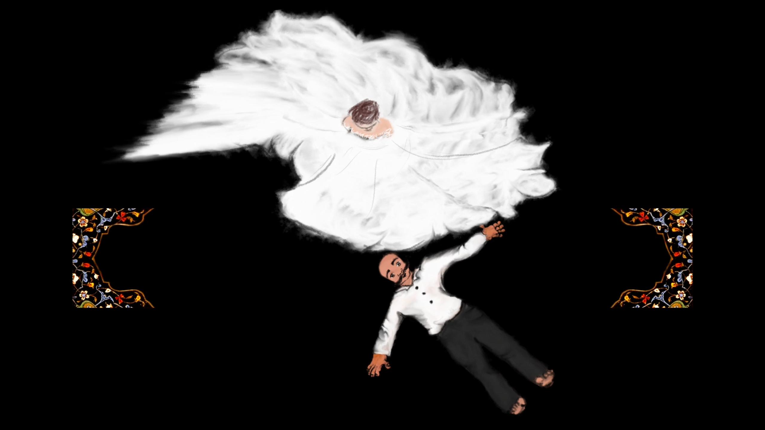 Painting of a woman in a flowing white dress and a man lying on a black background with ornamental corners.