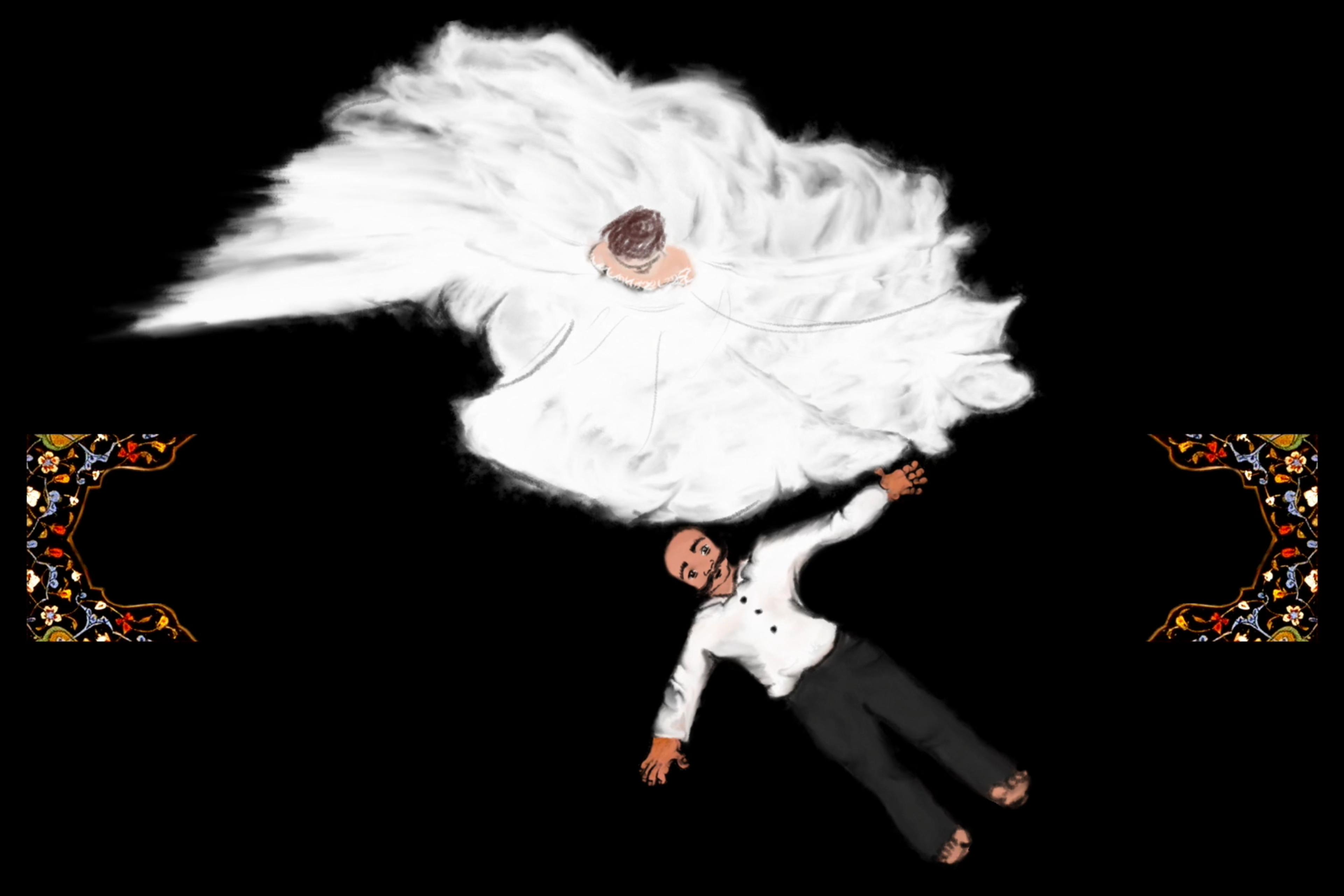 Painting of a woman in a flowing white dress and a man lying on a black background with ornamental corners.