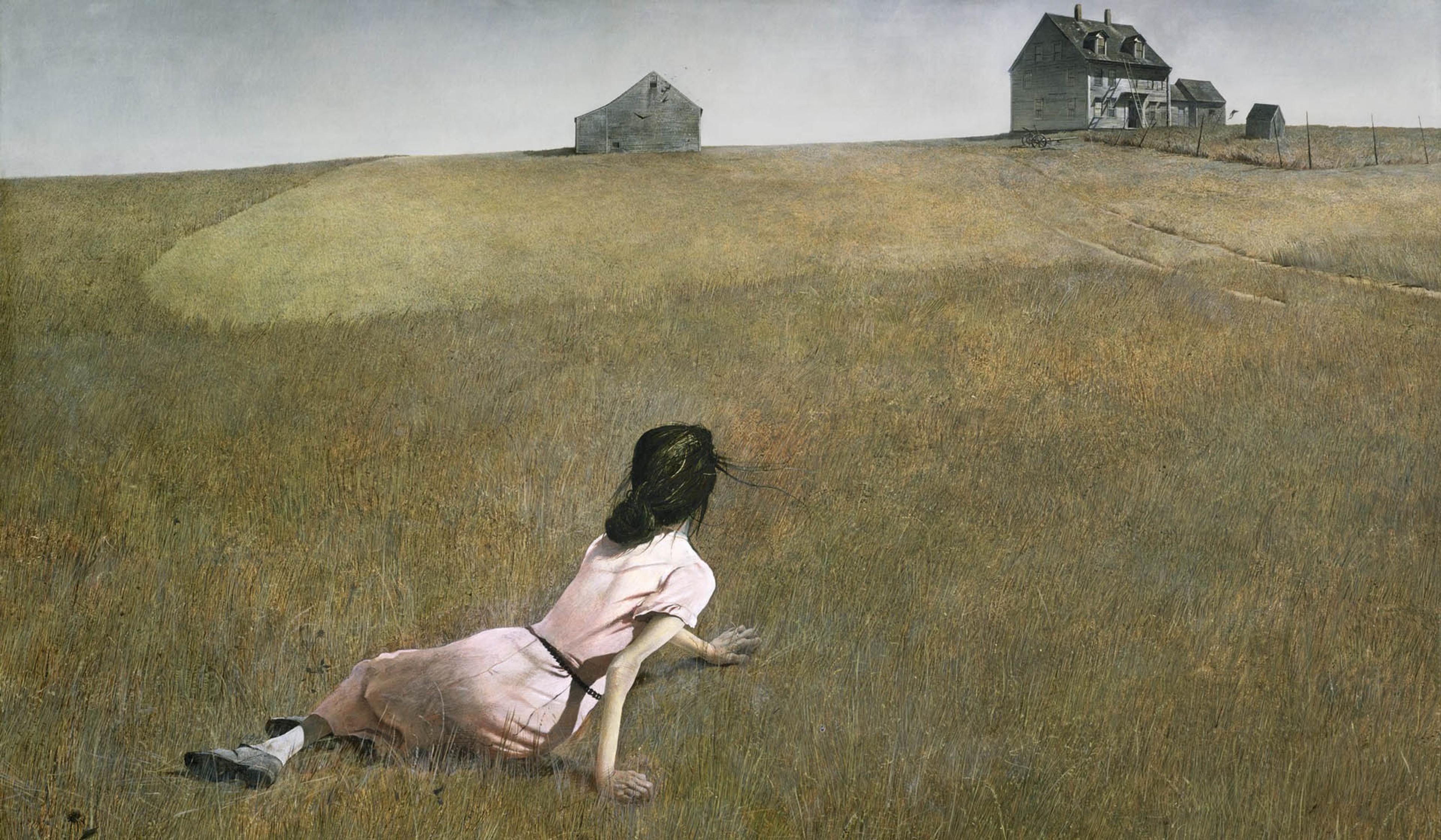 Painting of a woman in a pink dress lying in a field of tall grass, gazing at distant buildings under a grey sky.