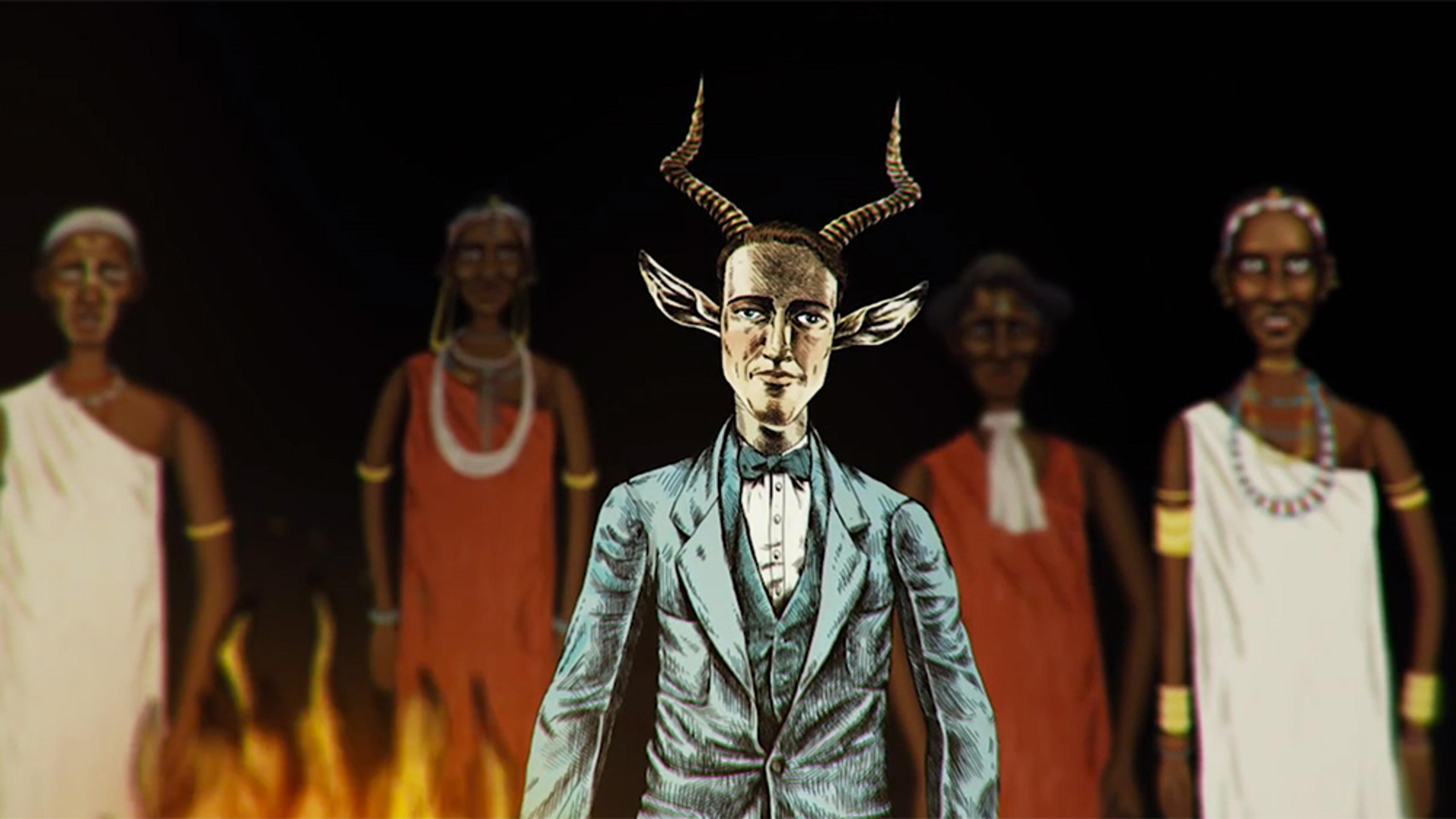 Illustration of a man in a suit with antelope horns surrounded by four figures in tribal attire, standing in front of a fire.