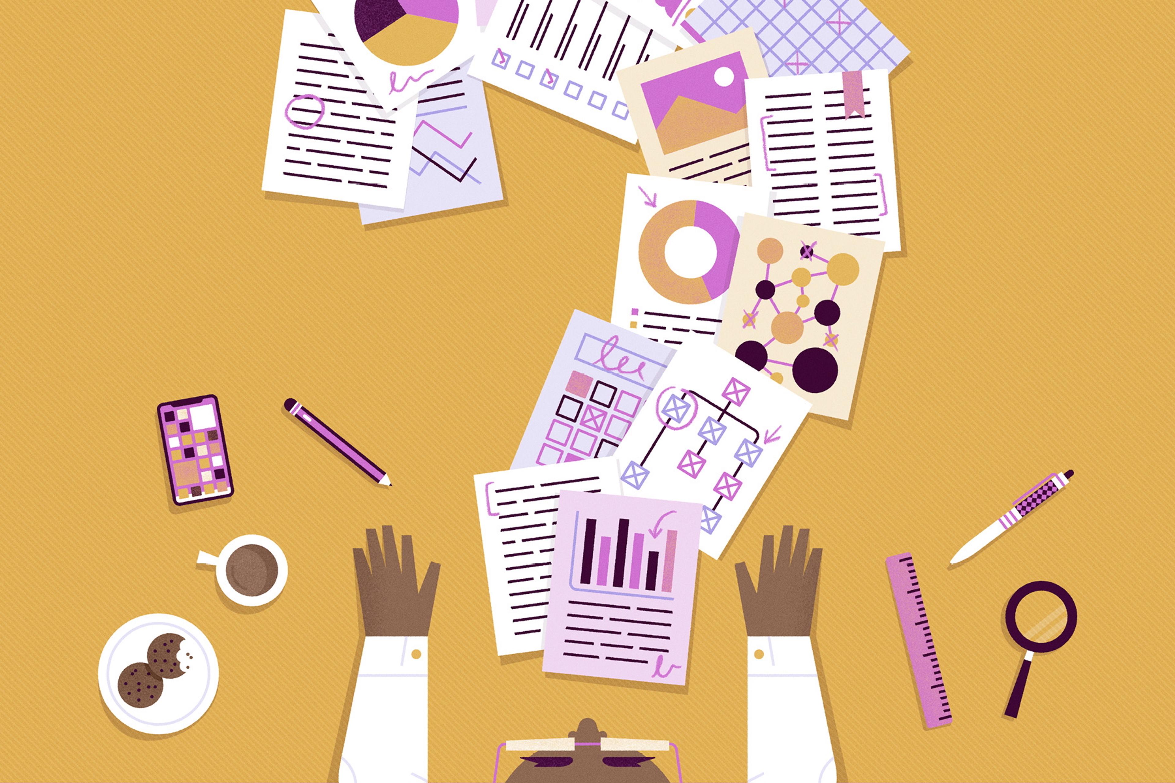 Illustration of a person at a desk with paperwork in a question mark shape, phone, coffee cup and cookies on a yellow background.
