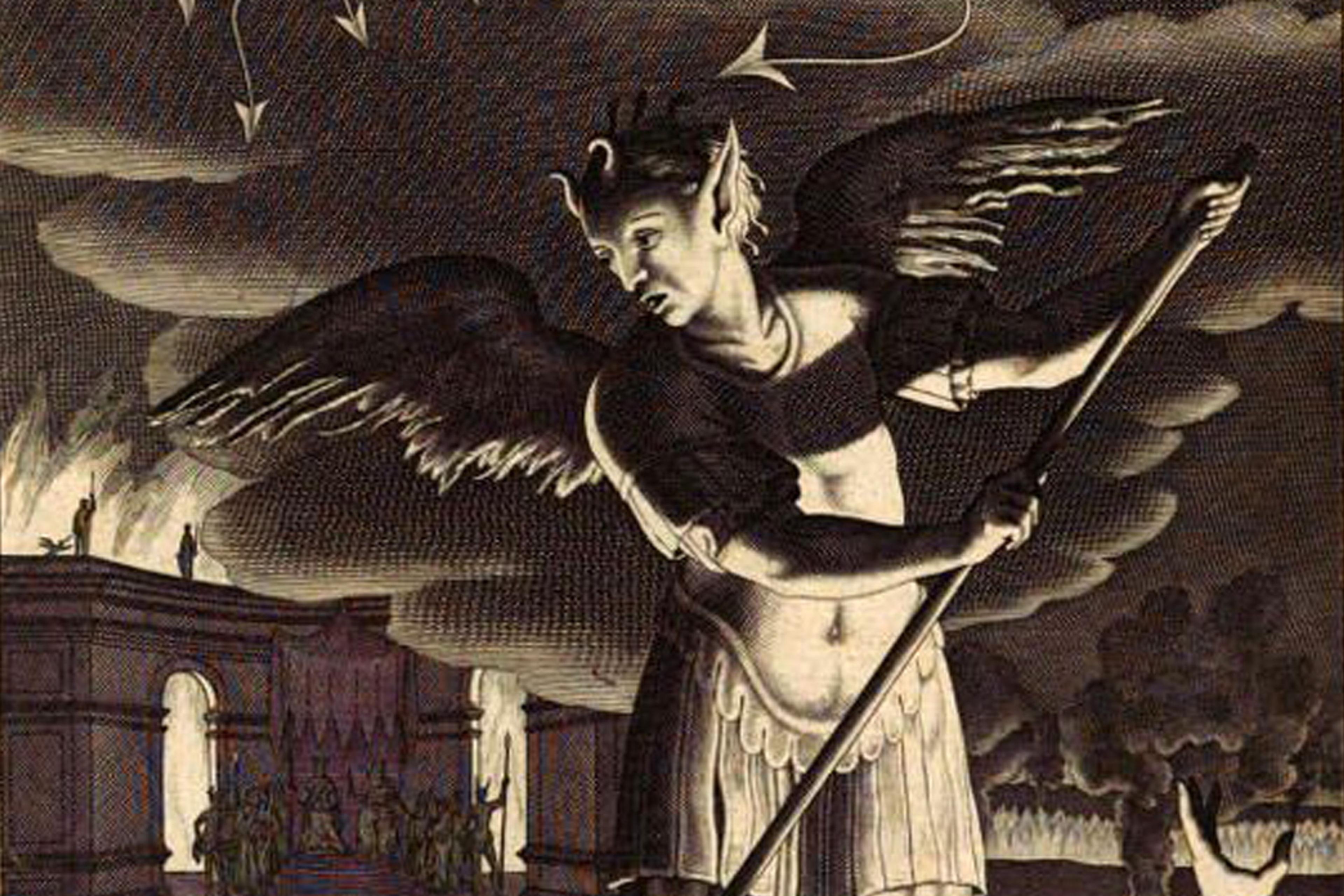 Engraving of a winged figure with a spear over figures in flames, against a backdrop of a burning structure and swirling clouds.