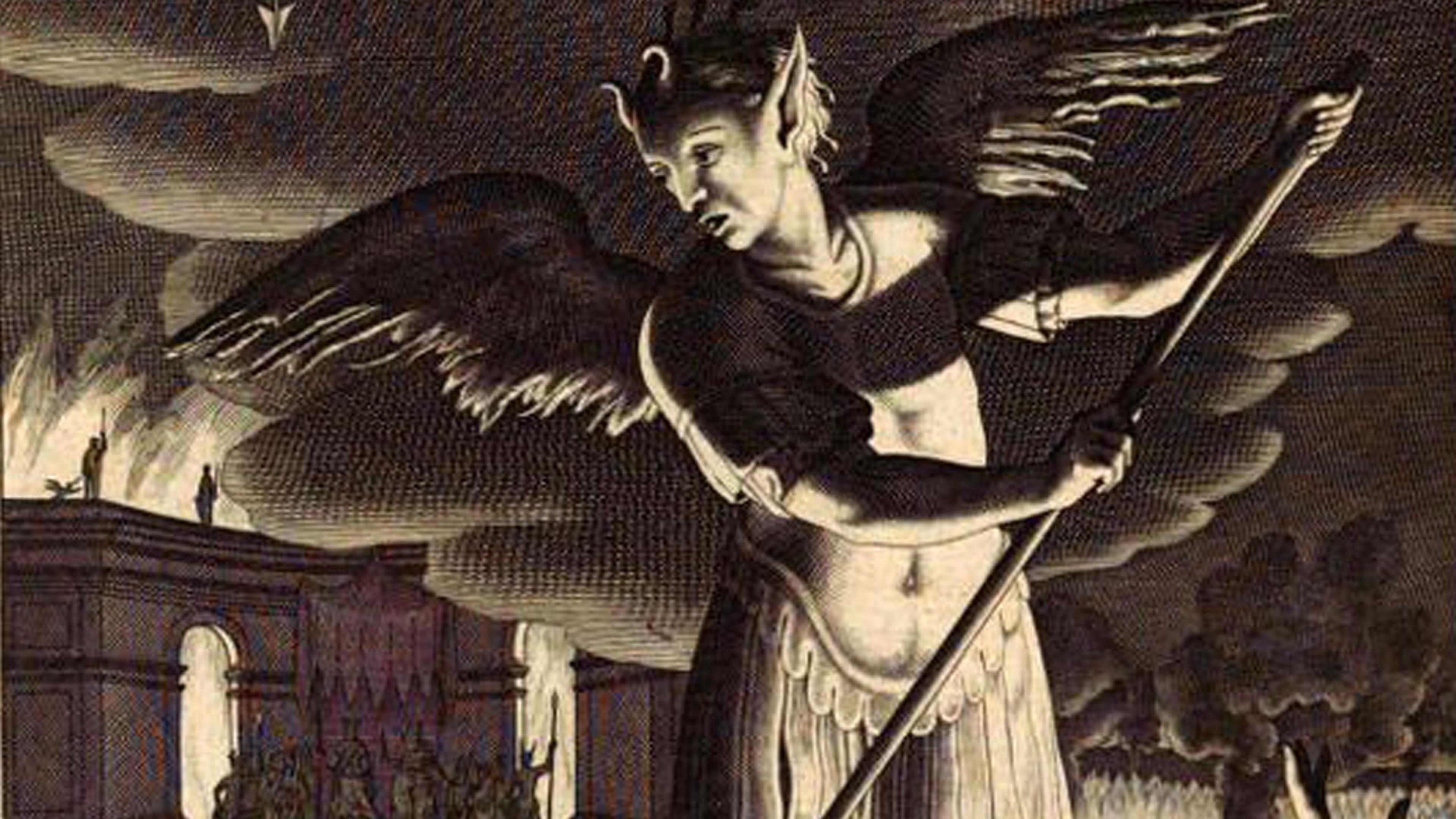 Engraving of a winged figure with a spear over figures in flames, against a backdrop of a burning structure and swirling clouds.