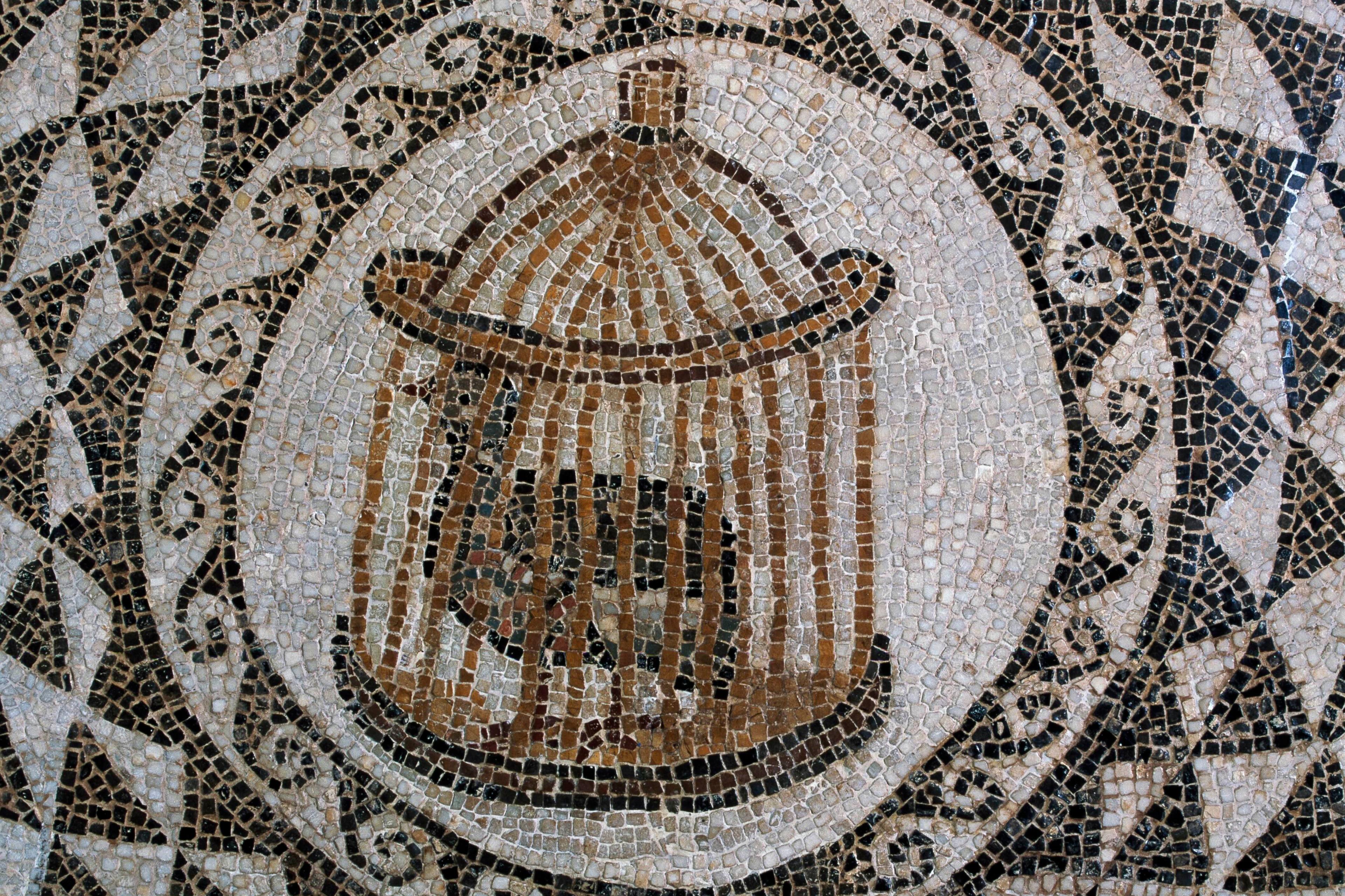 Mosaic depicting a bird in a cage with geometric patterns and swirls in black and white surrounding it.