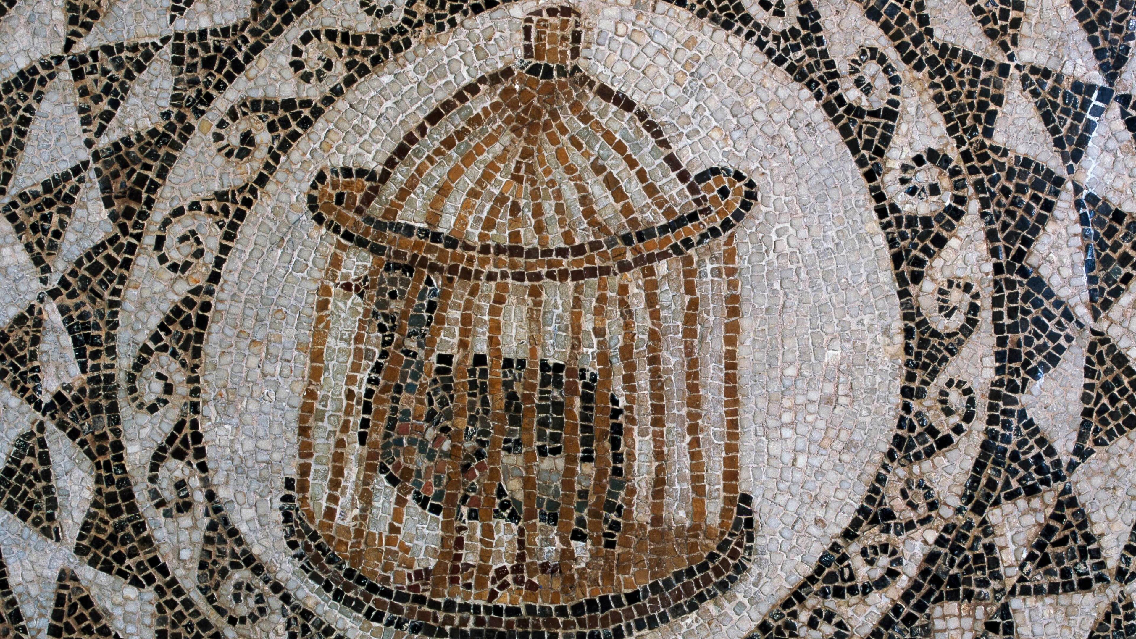Mosaic depicting a bird in a cage with geometric patterns and swirls in black and white surrounding it.
