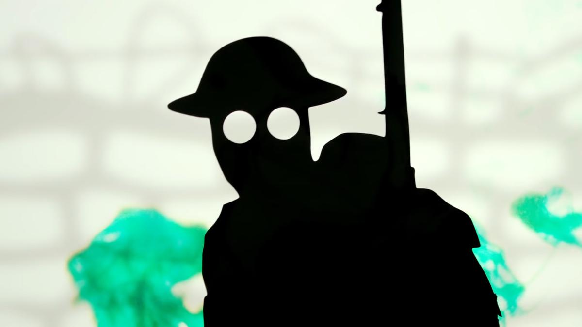 Silhouette of a soldier with glowing eyes and helmet, holding a rifle, with a blurred, colourful background.