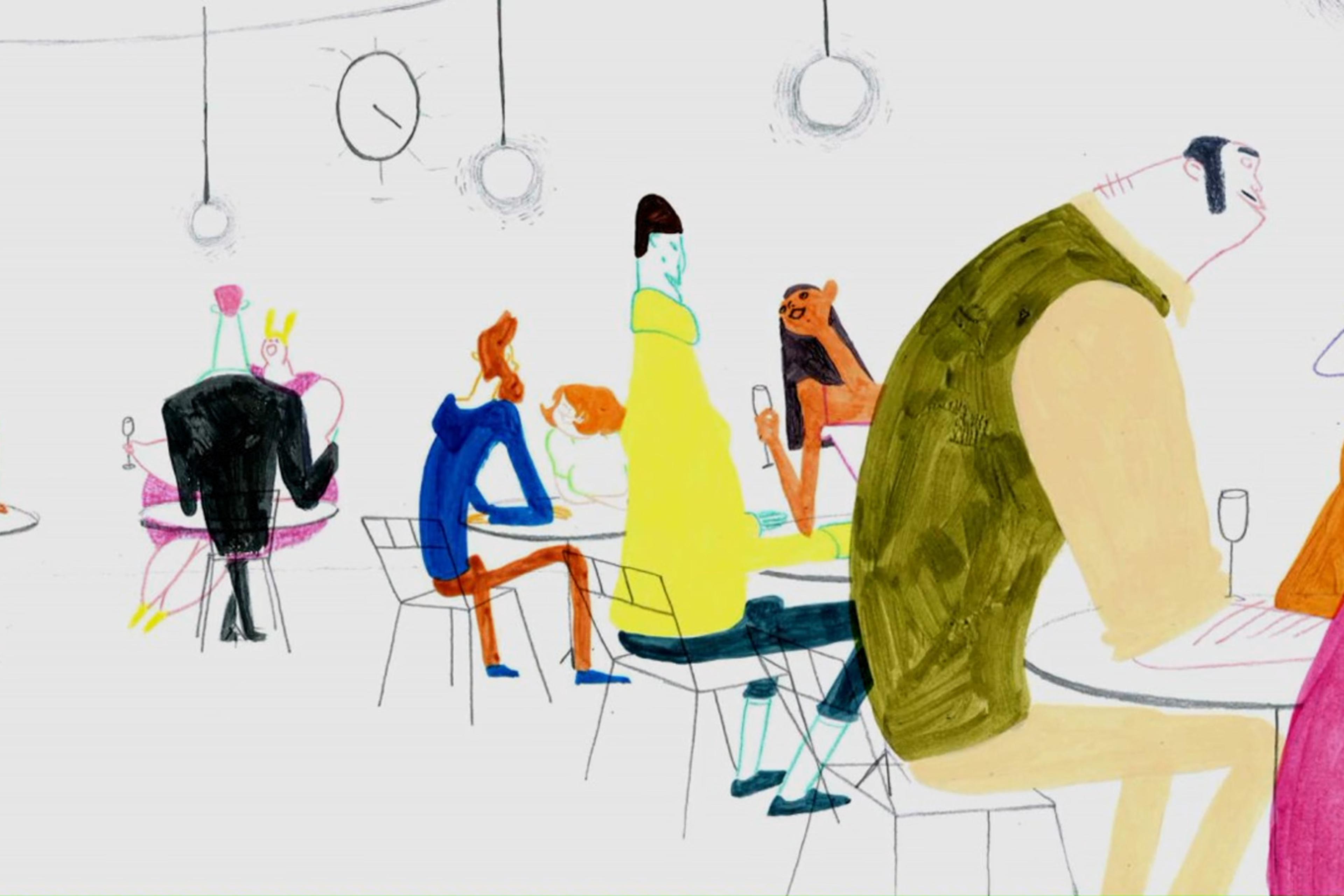 Painting of stylised people seated and interacting at tables in a café, with hanging lights and a clock on the wall in the background.