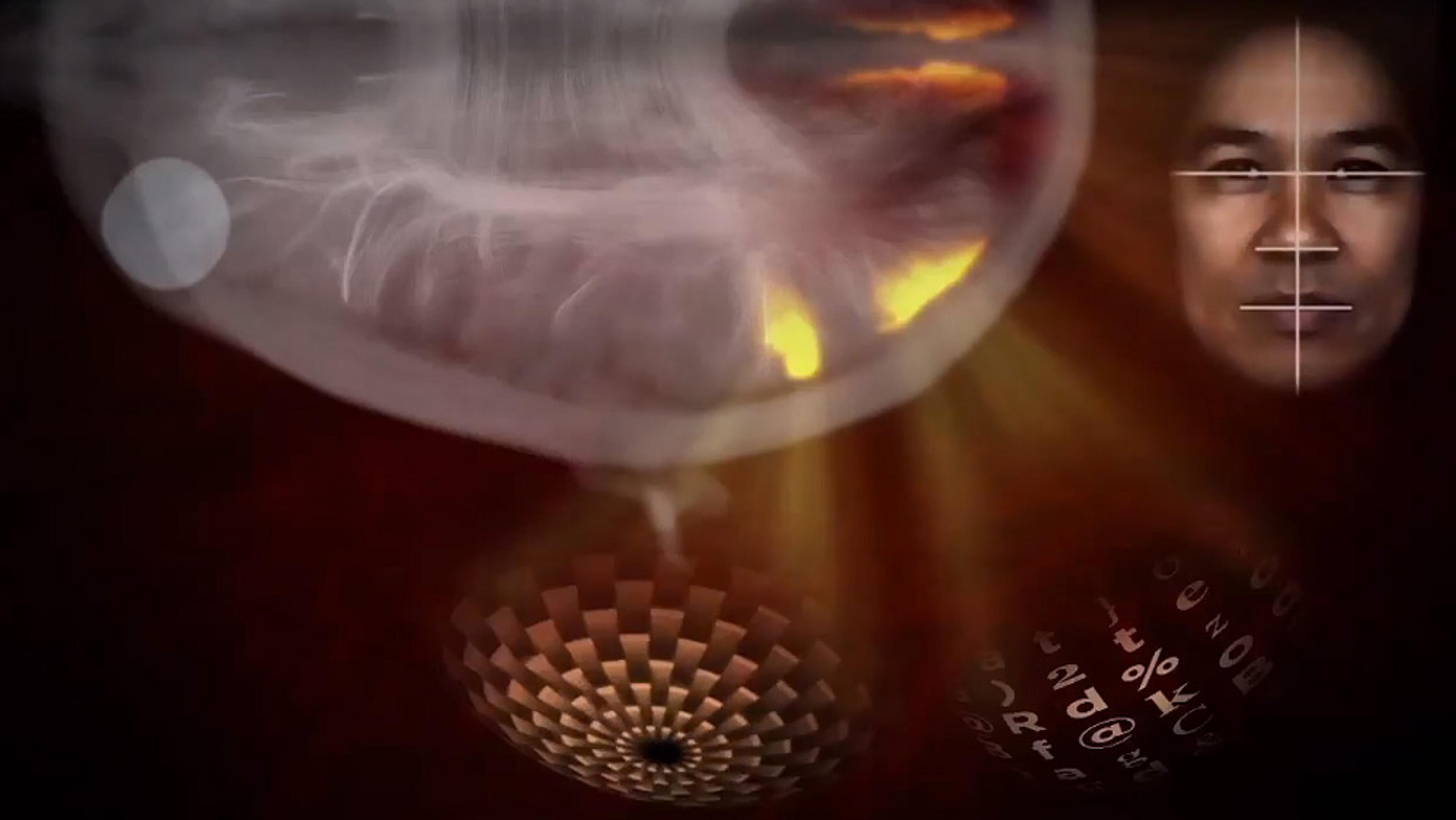 Abstract image showing a human face, diagrams of the brain and neural networks, and a globe with various symbols and letters.