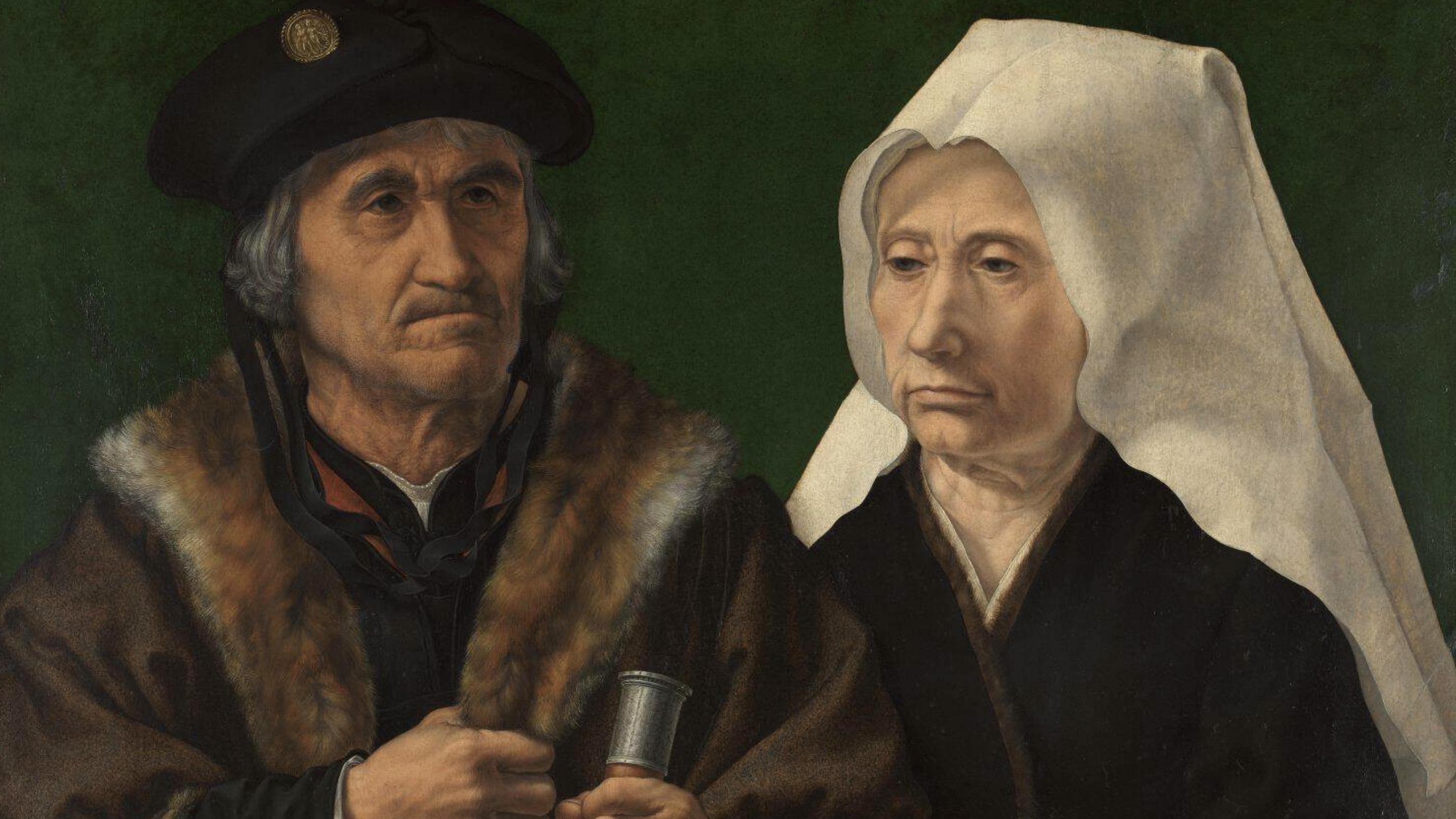 Painting of an elderly couple in 16th century attire, man in fur-lined coat and woman in white headdress on green background.