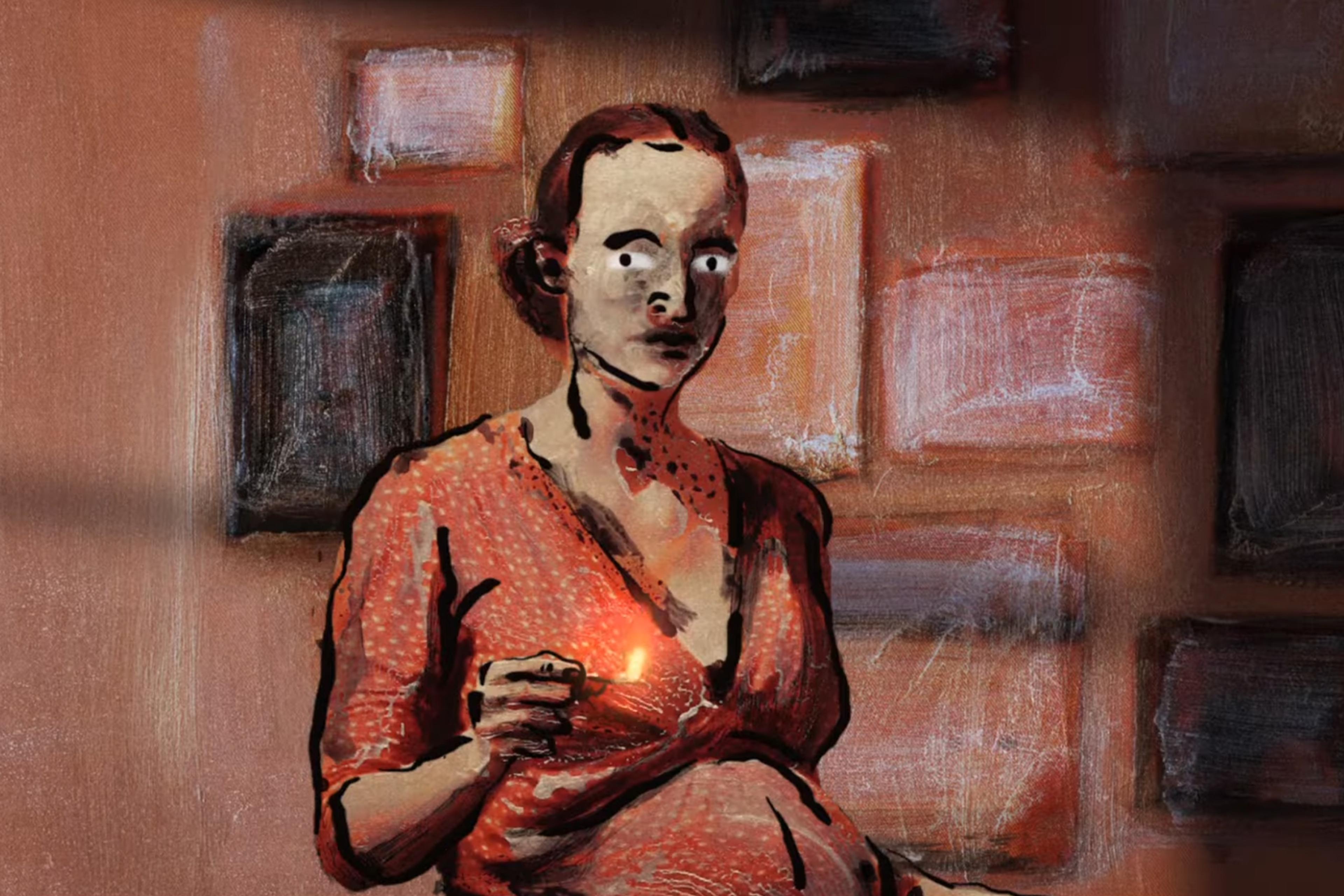 A painting of a pregnant woman with wide, dark eyes and scared face, holding a lit match. She wears a red dress with white polka dots.
