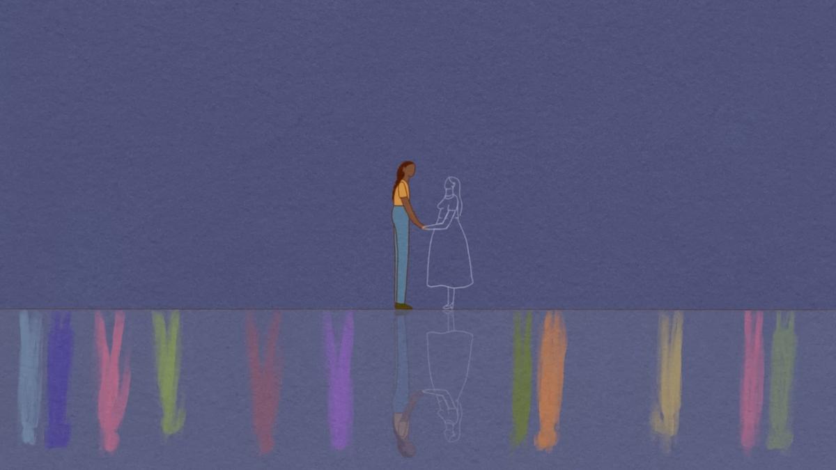 Illustration of two figures holding hands with colourful reflections on a blue surface.