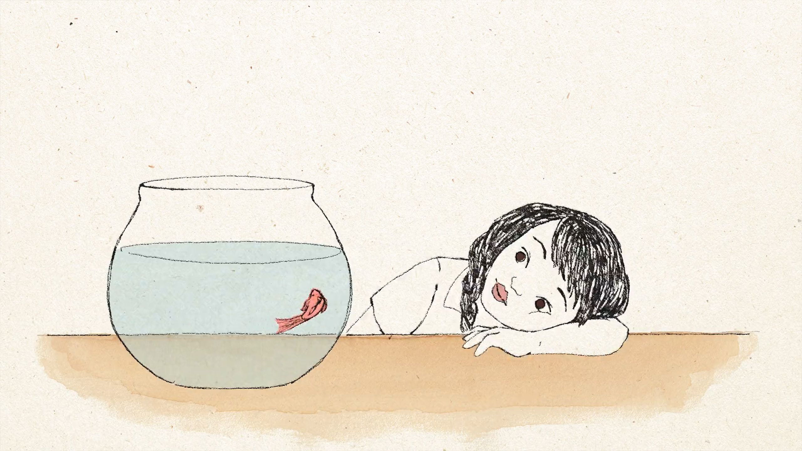 Drawing of a child leaning on a table beside a fishbowl with a red fish inside. The background is plain and neutral.