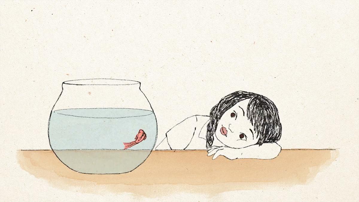 Drawing of a child leaning on a table beside a fishbowl with a red fish inside. The background is plain and neutral.