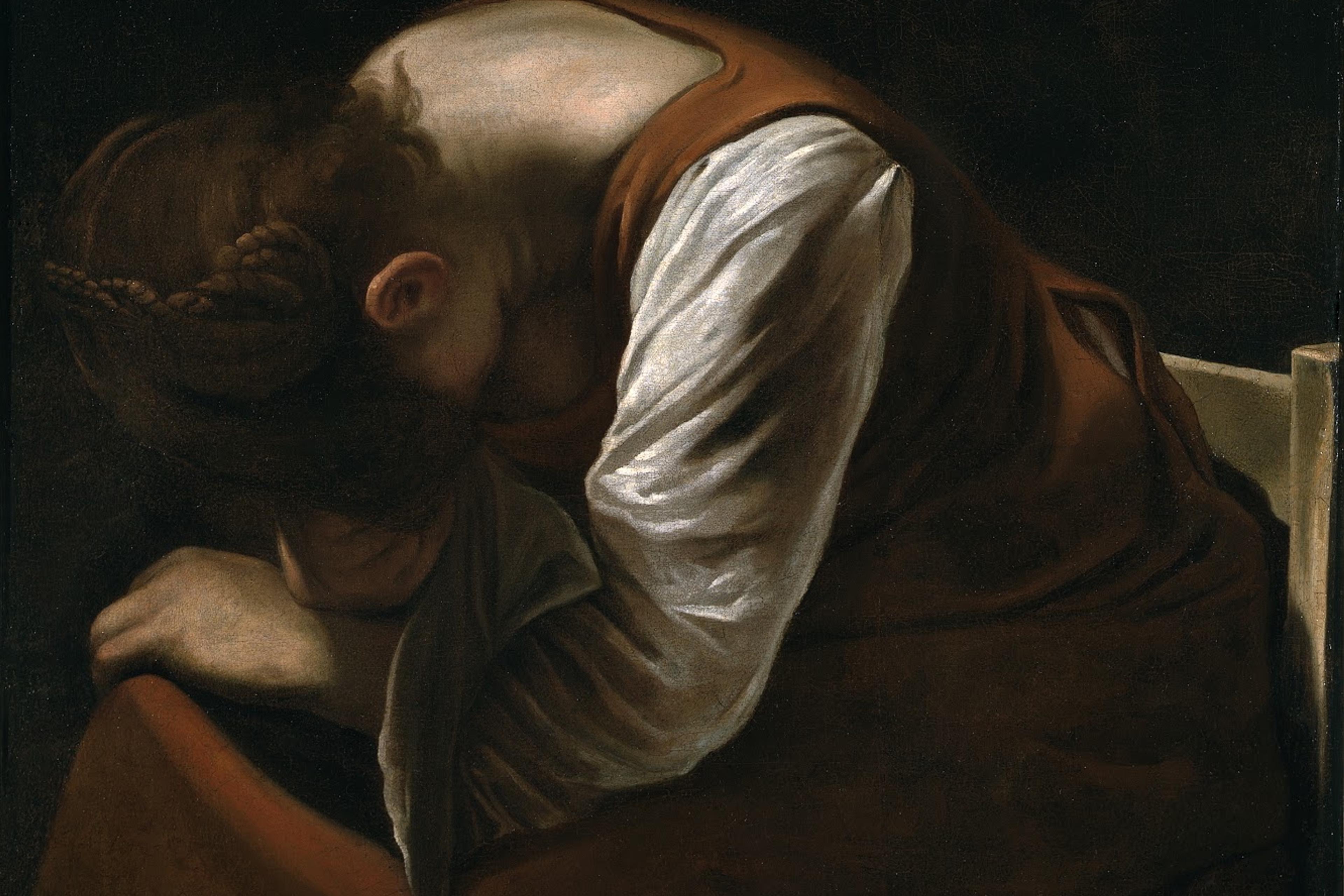 Painting of a seated woman with her head resting on her arm, wearing a brown dress with a white sleeve, against a dark background.