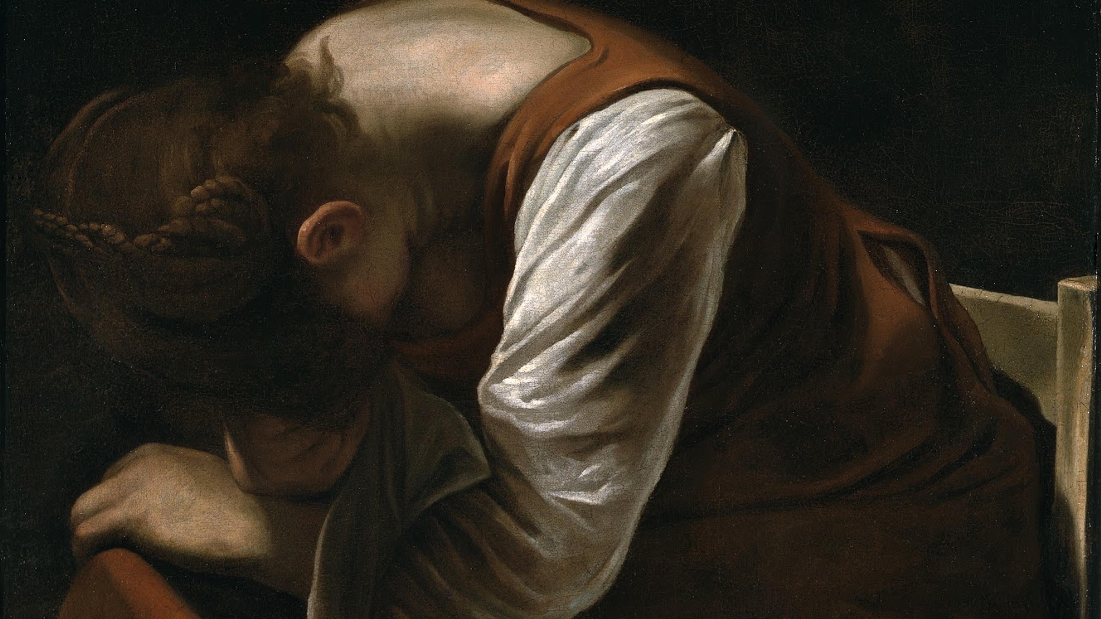 Painting of a seated woman with her head resting on her arm, wearing a brown dress with a white sleeve, against a dark background.