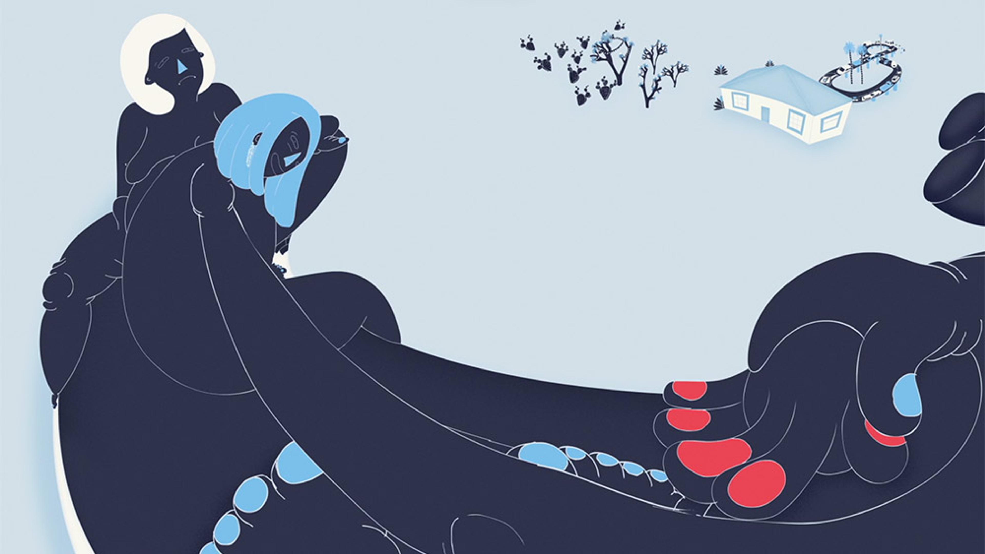 Abstract illustration of intertwined figures with blue and red accents; a small house and trees in the background with a light blue sky.