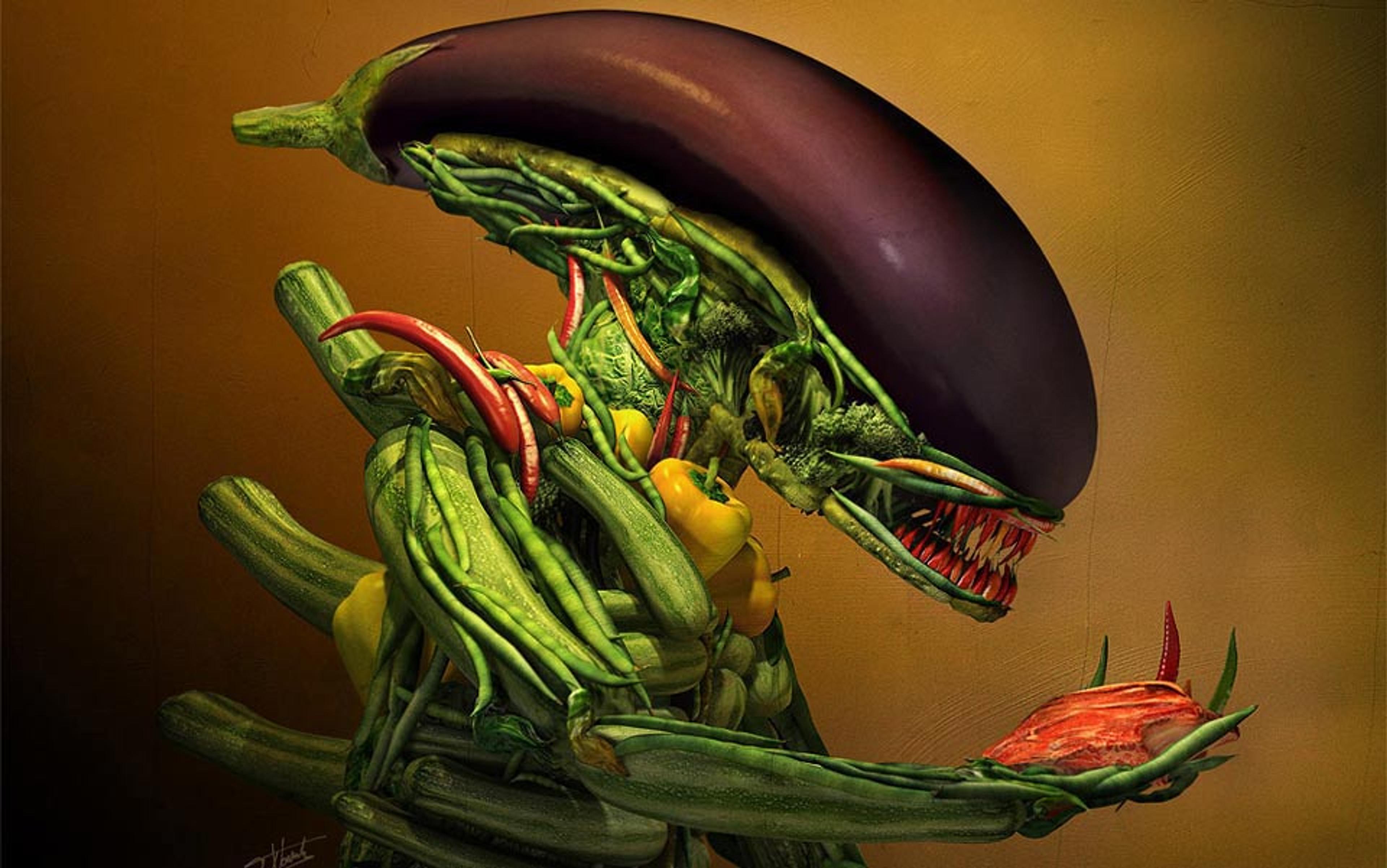 Painting of a creature resembling an alien composed of various vegetables like an aubergine head, courgette limbs and a pepper.