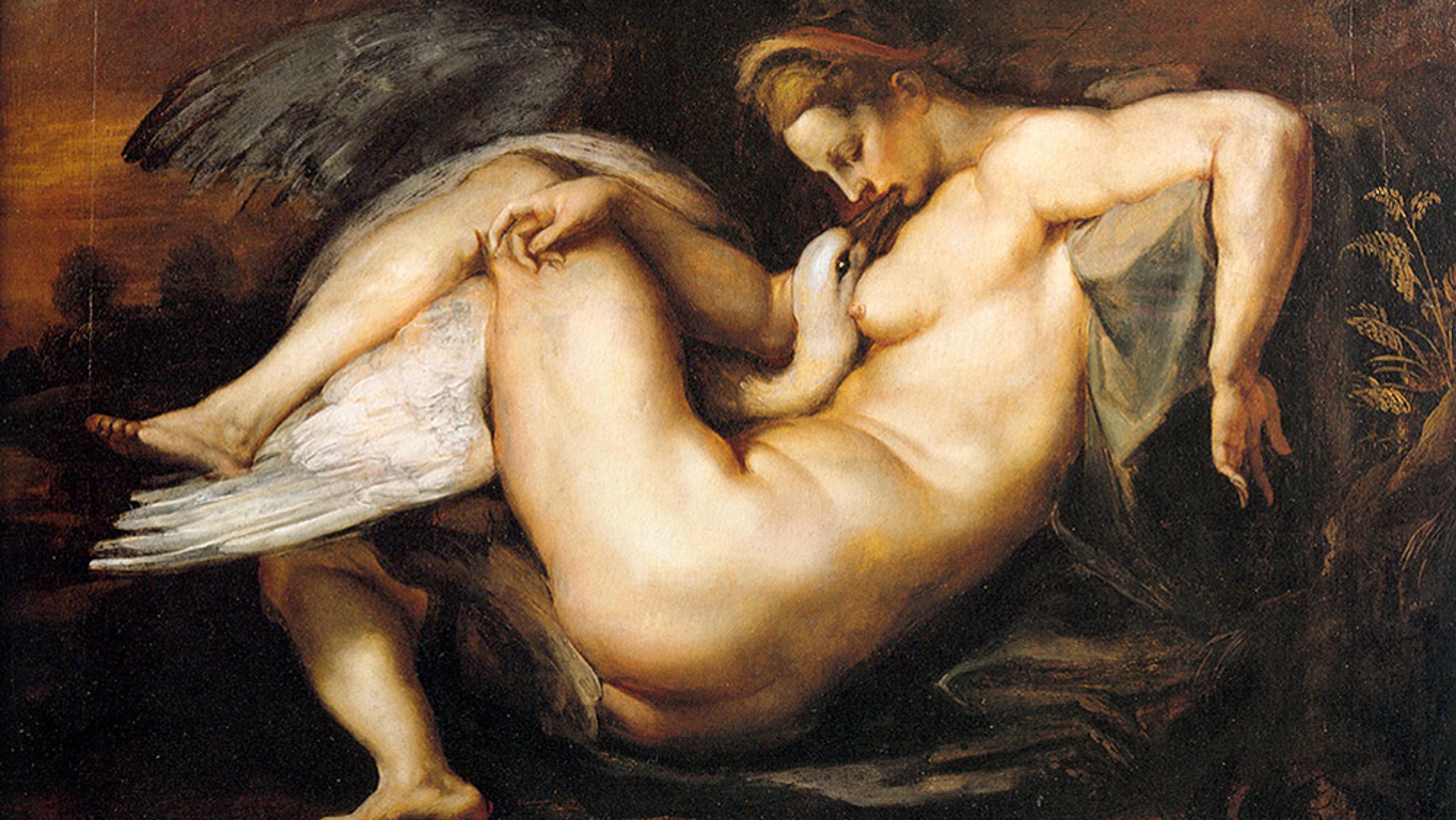 Painting depicting a nude woman entwined with a swan against a dark background, with the woman’s body in a relaxed, reclined pose.