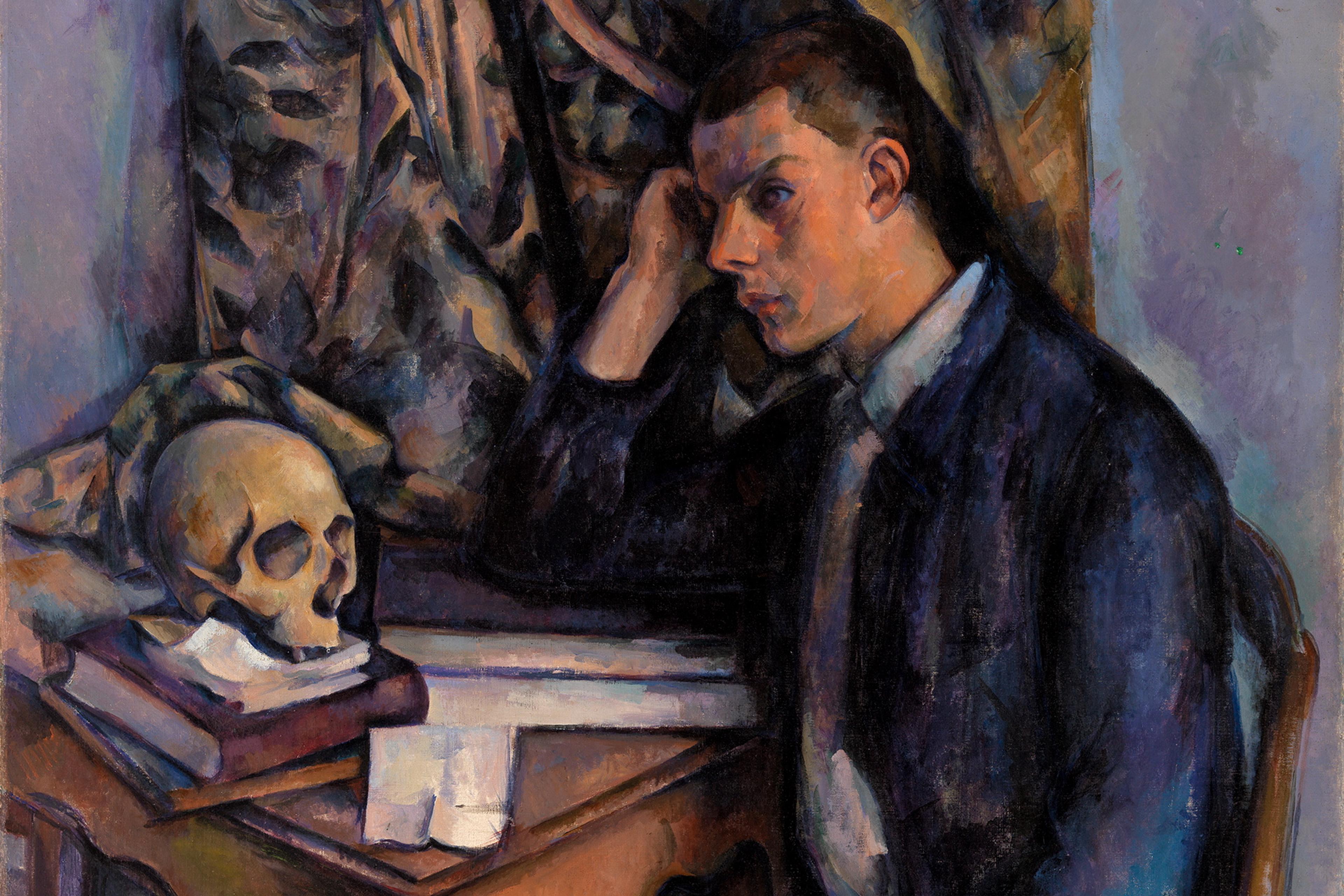 Painting of a man seated at a table next to a skull on books, with a patterned curtain in the background.