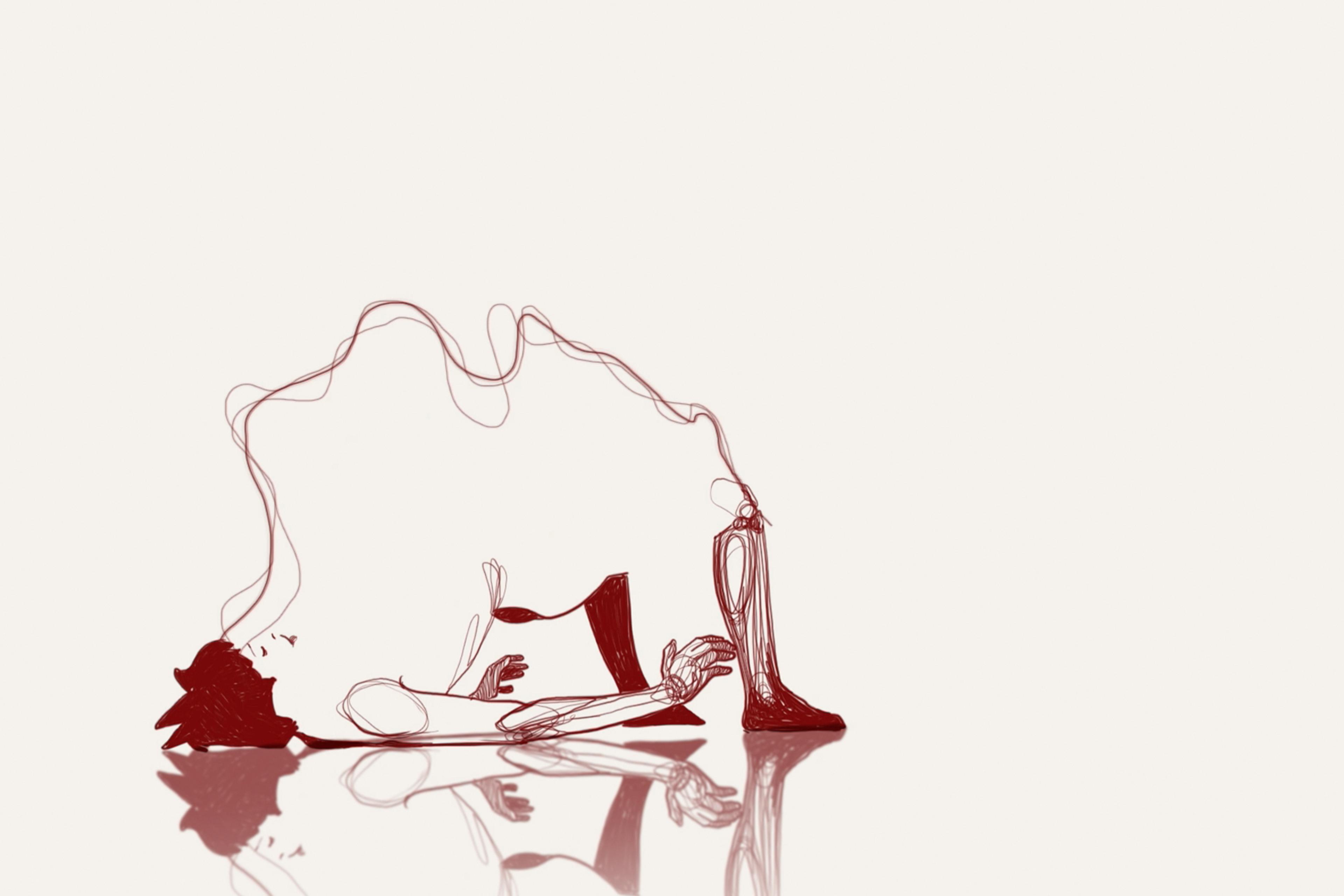 Abstract red line drawing of a person lying on the ground with one hand reaching towards a large shoe. Curved lines form an overhead shape.