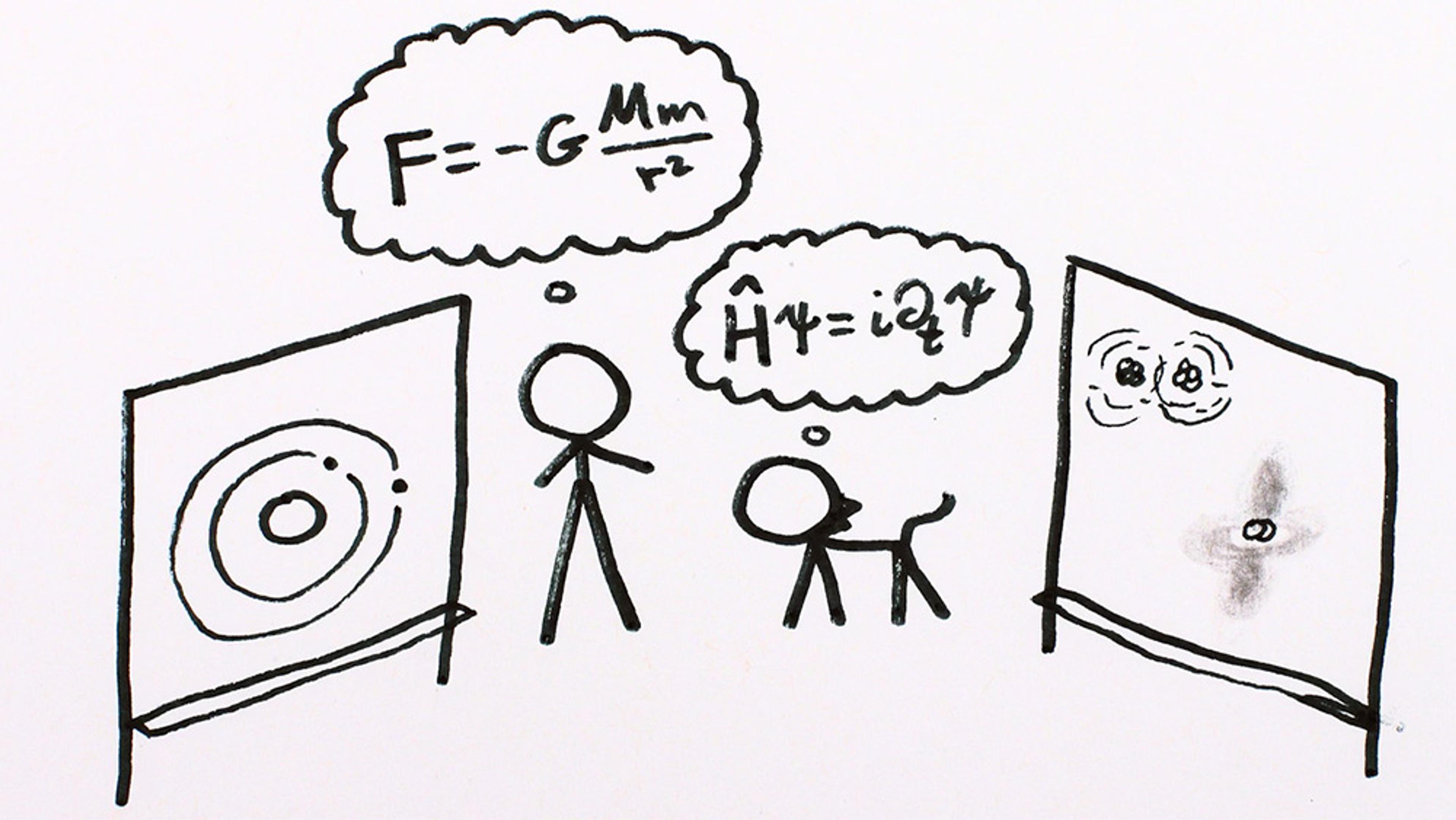 A sketch of a person and a dog thinking of different physics equations in front of two diagrams expressing classical and quantum theory.