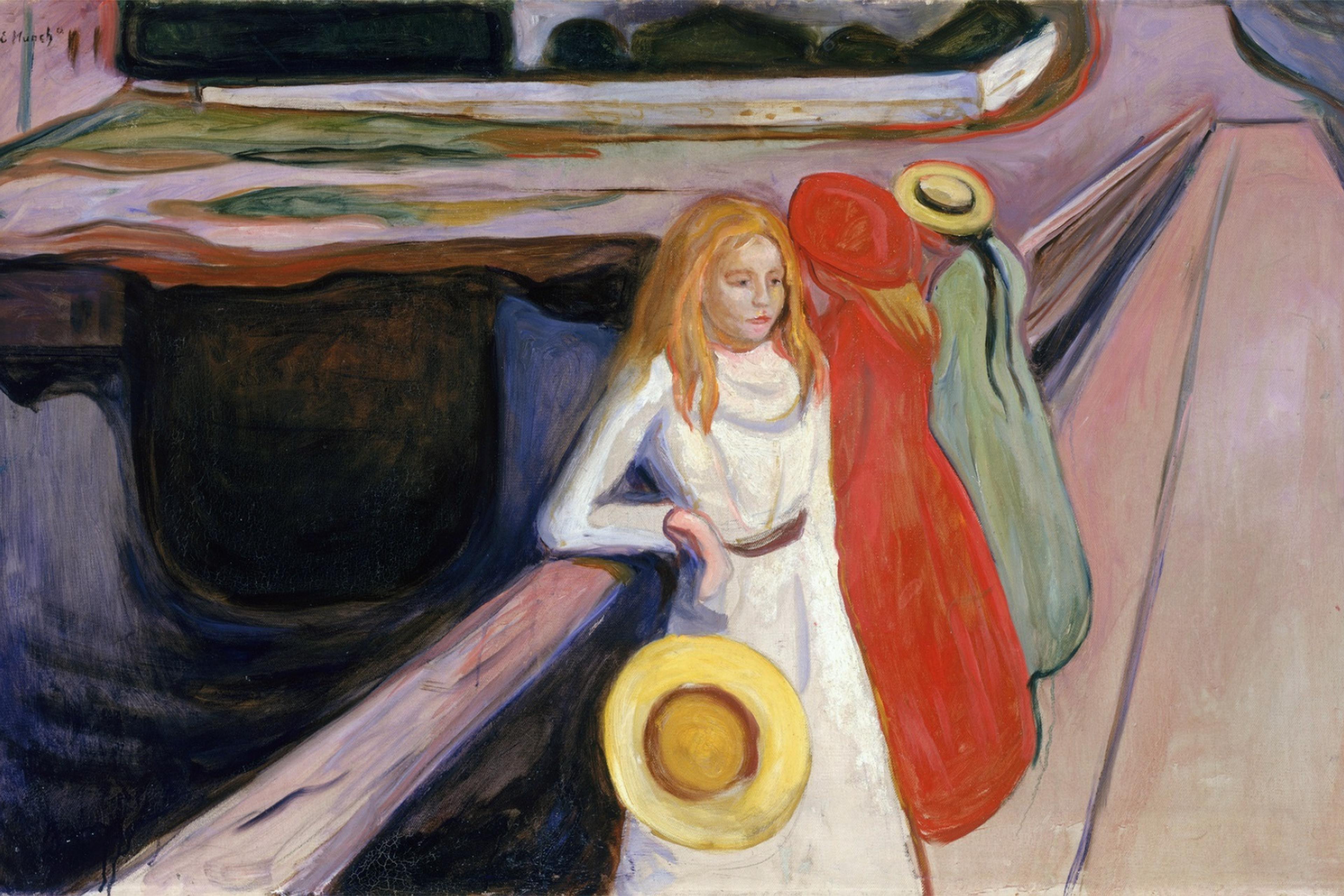 Painting of three women, one holding a hat, standing on a bridge with a blurred landscape in the background.
