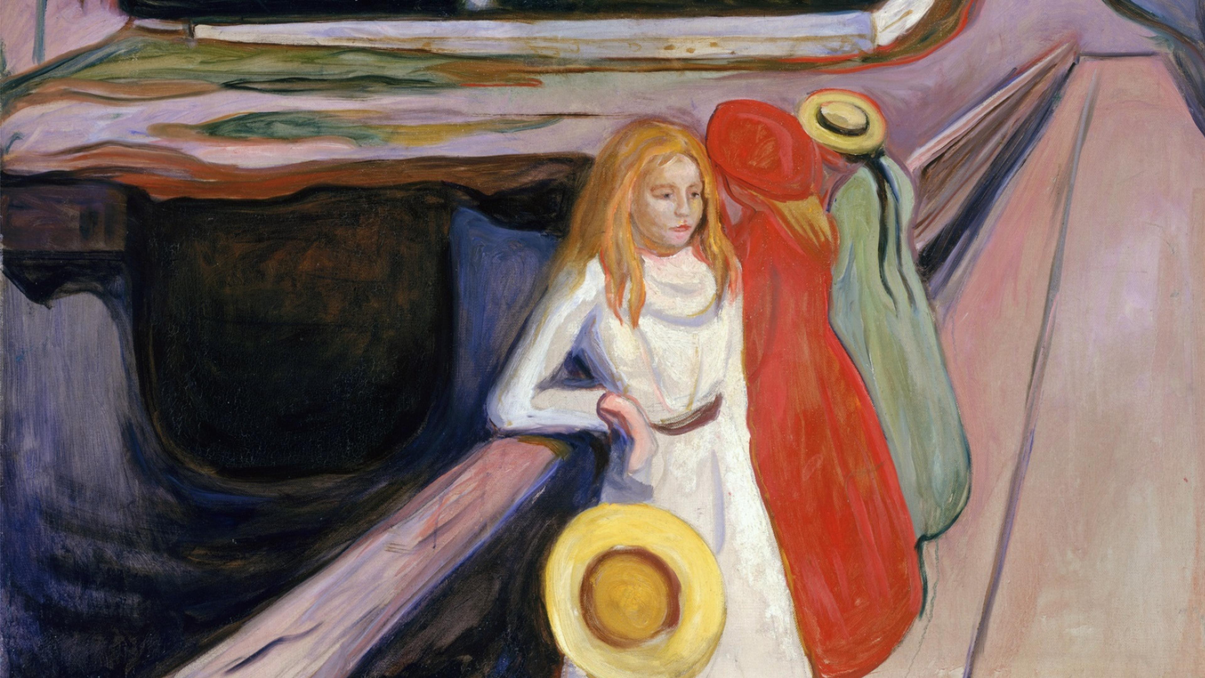 Painting of three women, one holding a hat, standing on a bridge with a blurred landscape in the background.