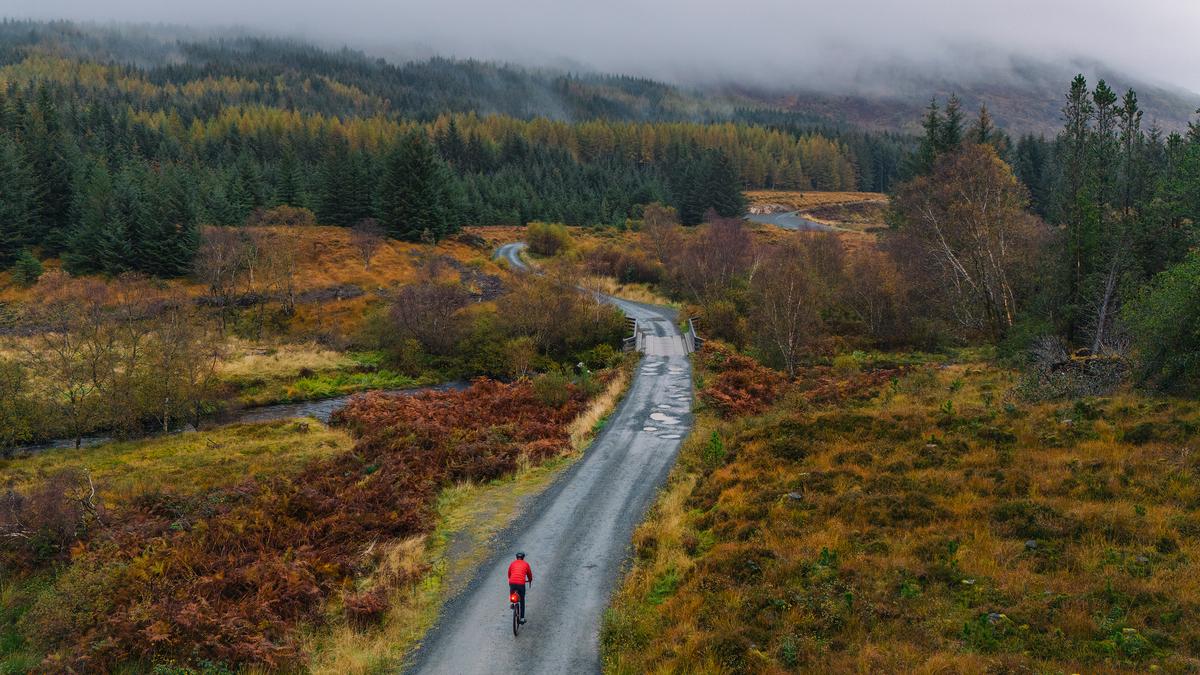 A cyclist in a red jacket on a winding rural road surrounded by autumnal trees with misty hills in the background.