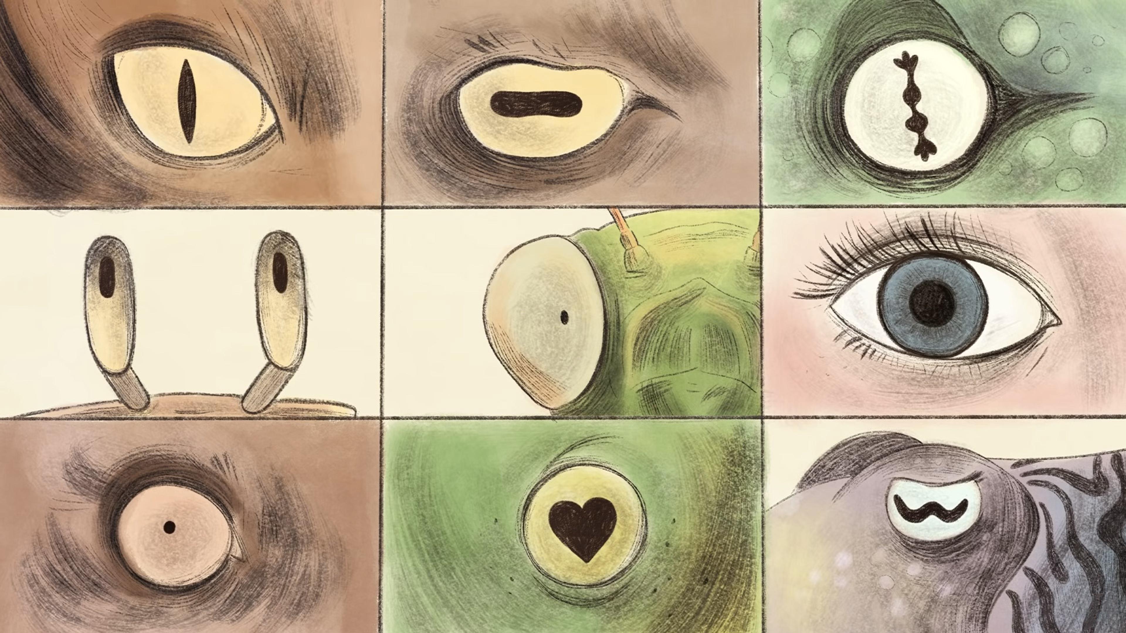 Illustration showing a grid of nine different eyes, each uniquely stylised, depicting a variety of creatures, including a human eye with blue iris.