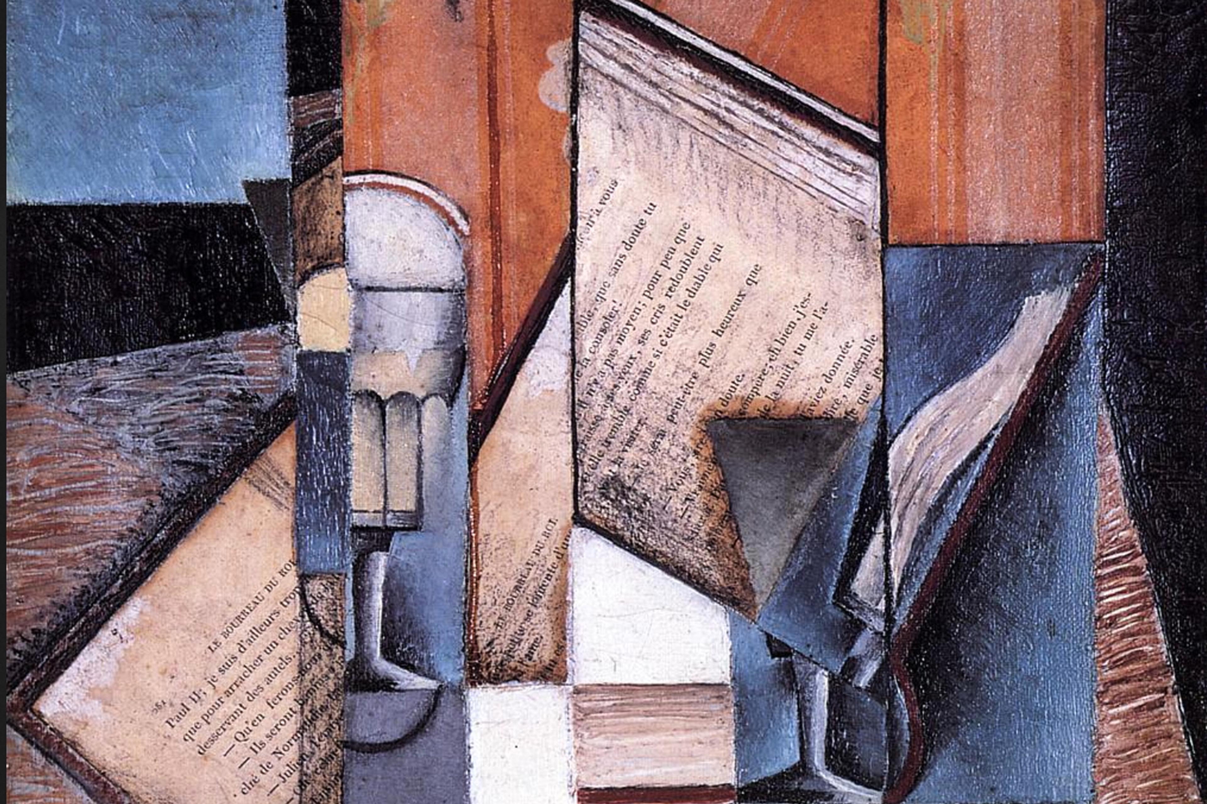 Cubist painting of fragmented books and a glass on a table with geometric shapes in blue, brown and grey tones.