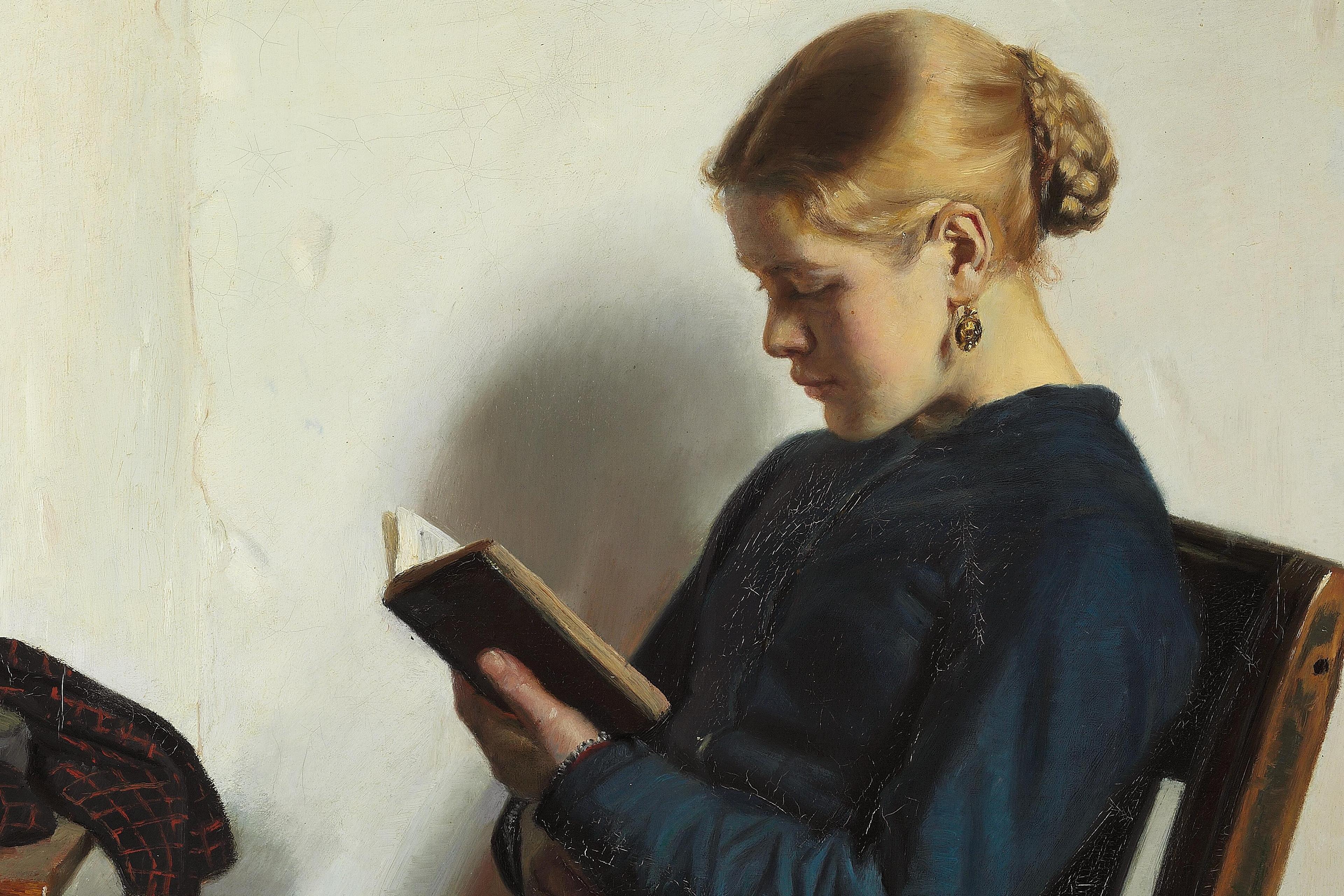 Painting of a woman seated on a chair reading a book, with her hair in a bun, wearing a dark dress against a plain background.