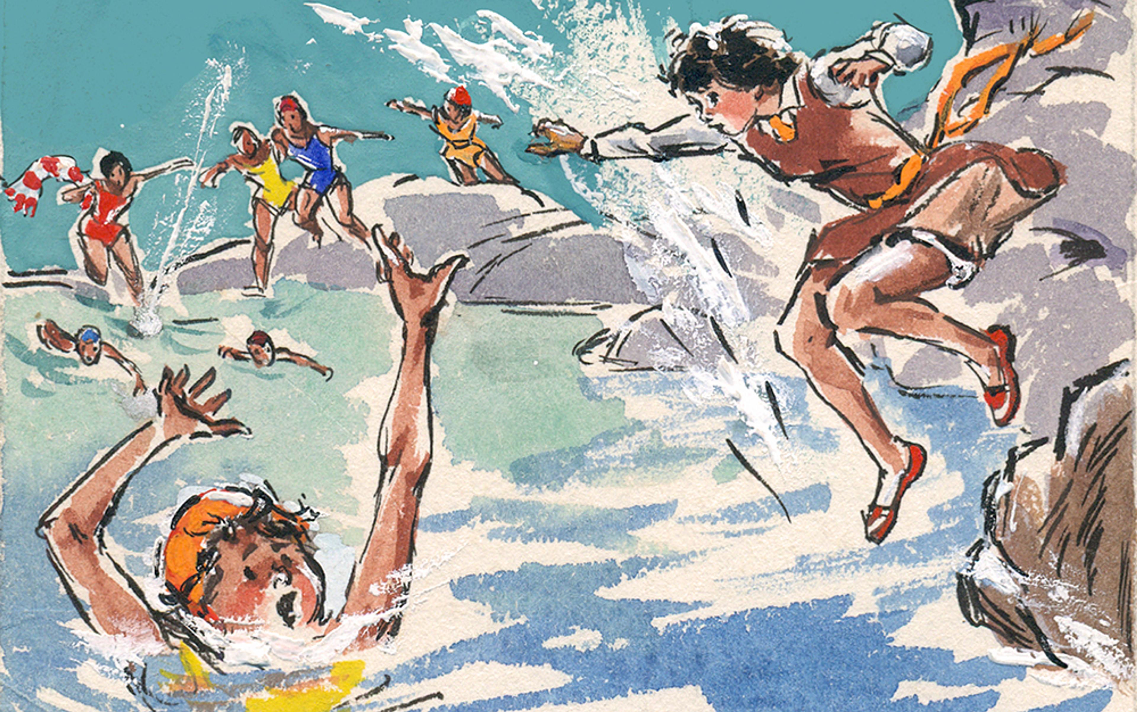 Illustration of a group of children in water. One child is waving his arms in trouble while others dive in to help.