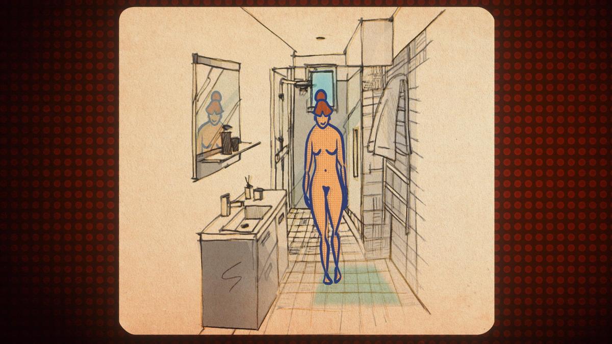 Sketch of a bathroom with a vanity unit and mirror. An illustrated nude woman stands in the centre, reflected in the mirror.