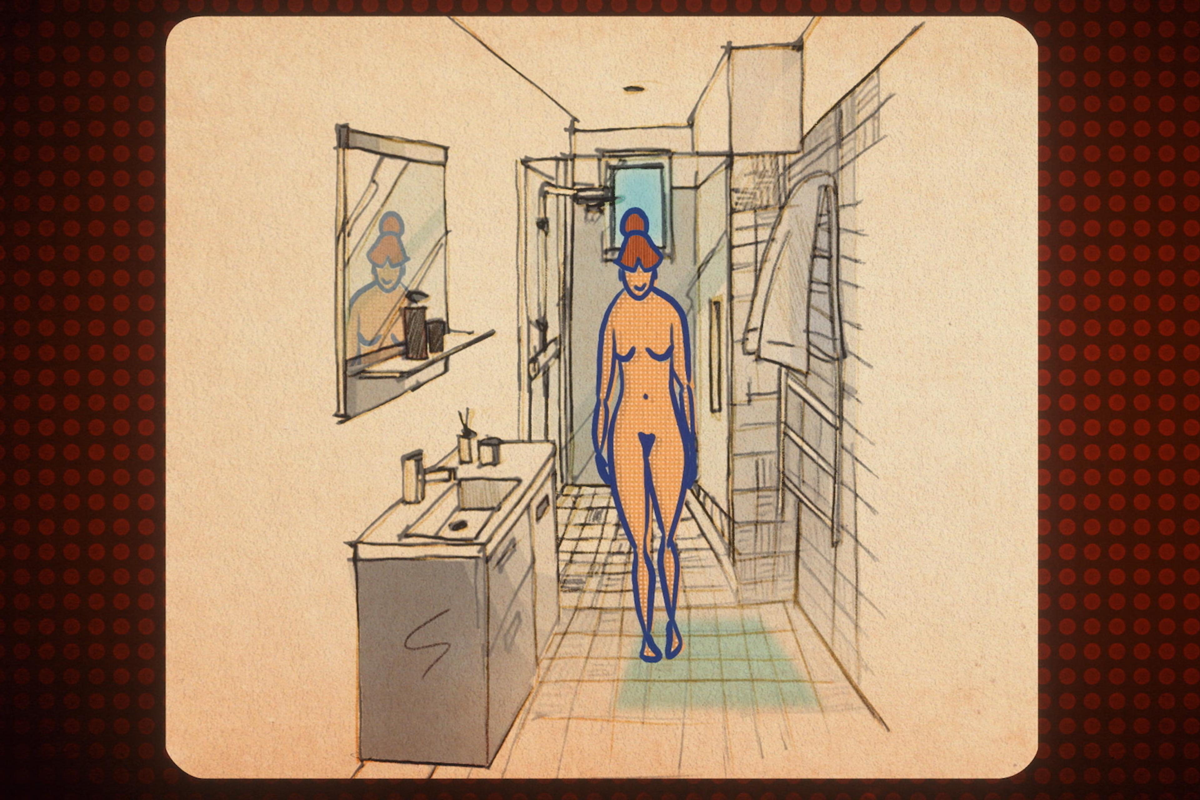 Sketch of a bathroom with a vanity unit and mirror. An illustrated nude woman stands in the centre, reflected in the mirror.