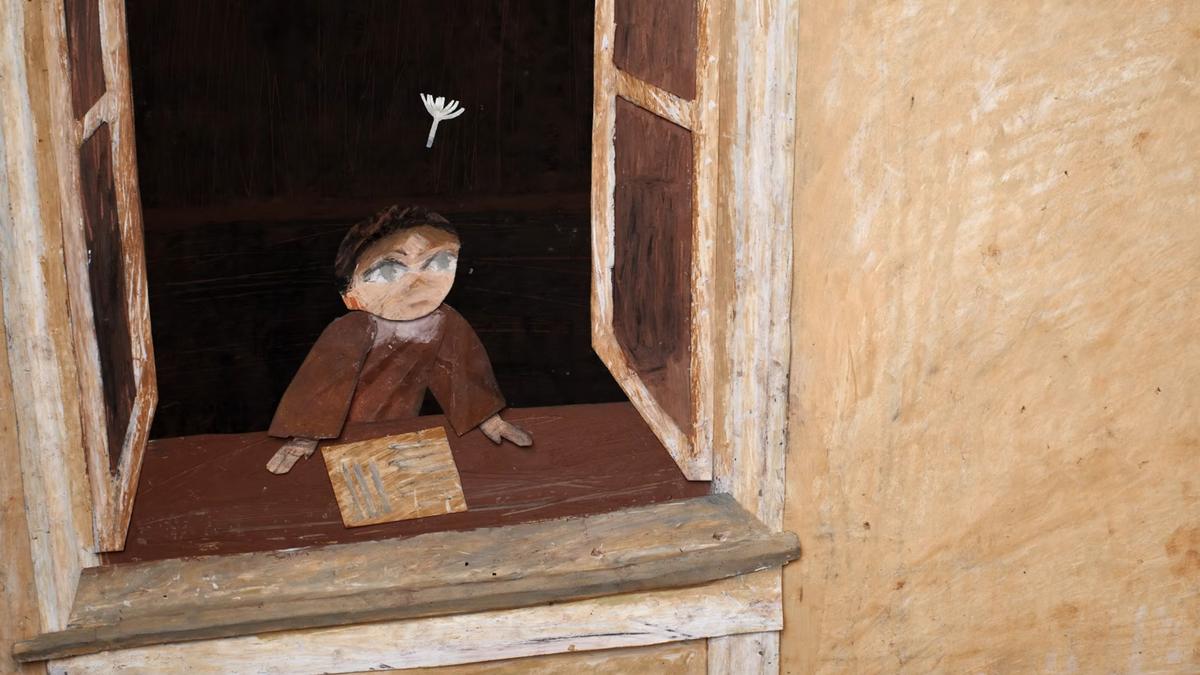 Painting of a boy at an open window with a dandelion seed above him, in a textured, earthy-toned setting.