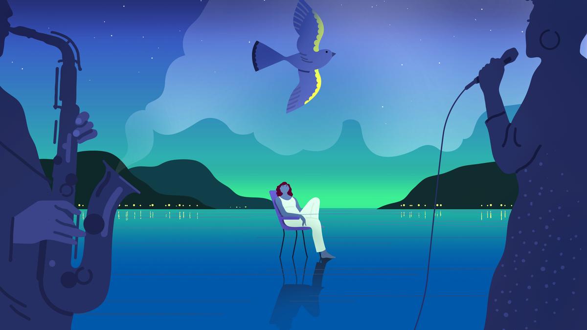 Illustration of a night scene with musicians performing, a person on a chair, a bird flying and mountains in the background.