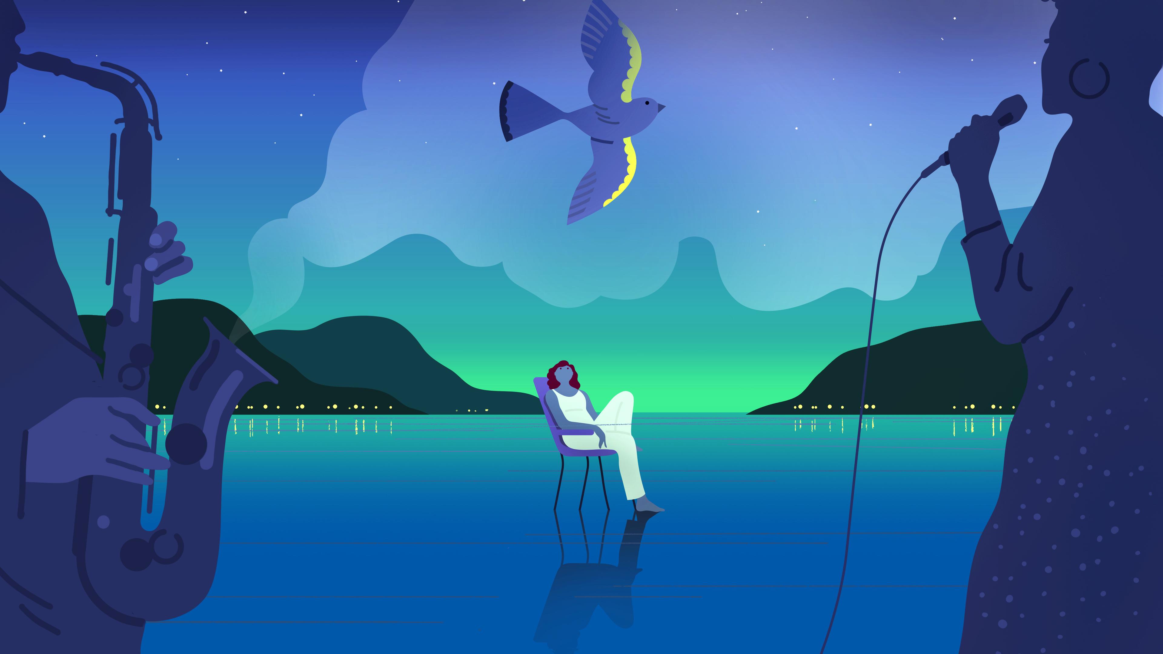 Illustration of a night scene with musicians performing, a person on a chair, a bird flying and mountains in the background.