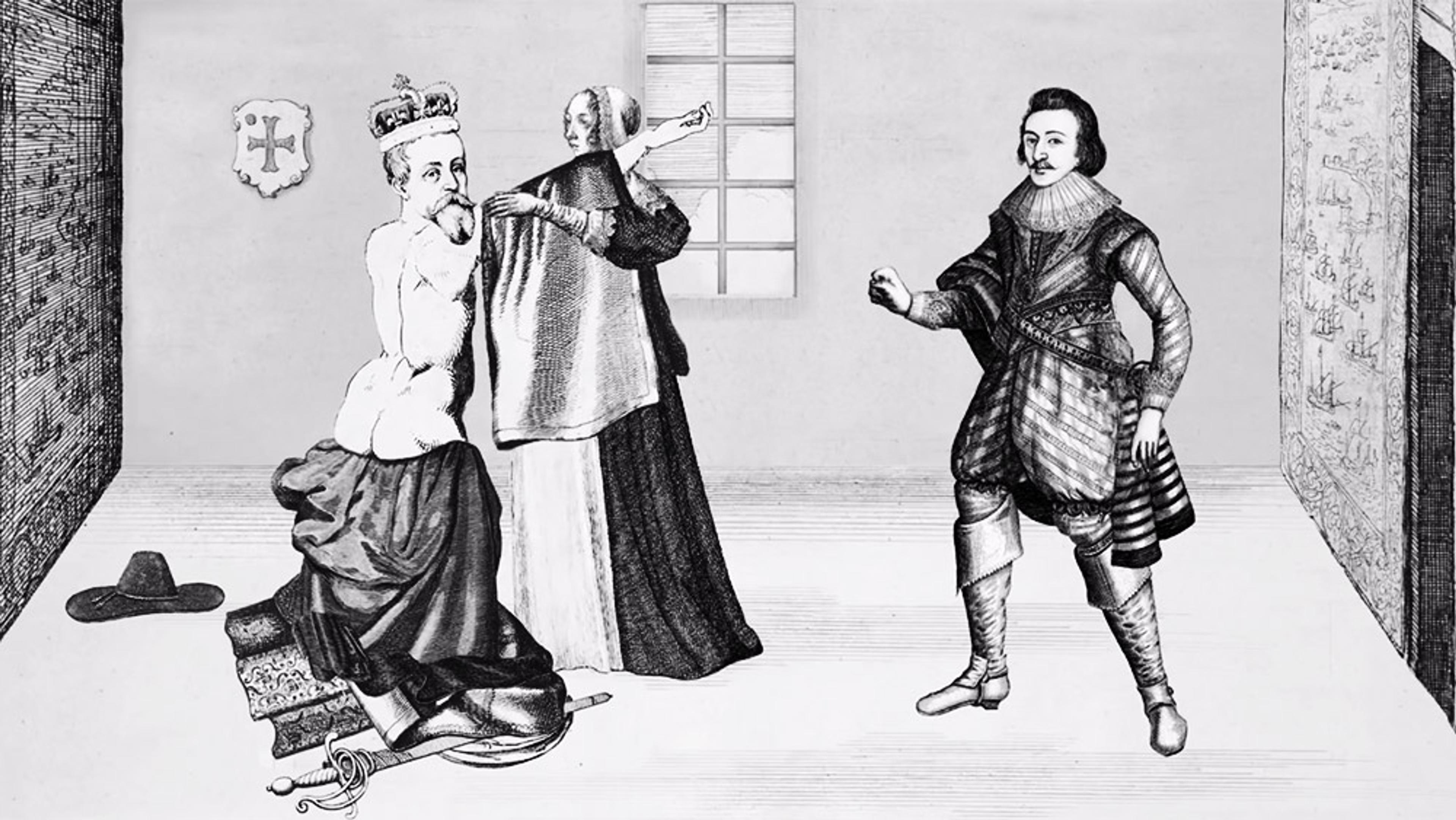 Black and white drawing of a crowned naked man getting dressed by clothed people in a sparsely decorated room with a window.